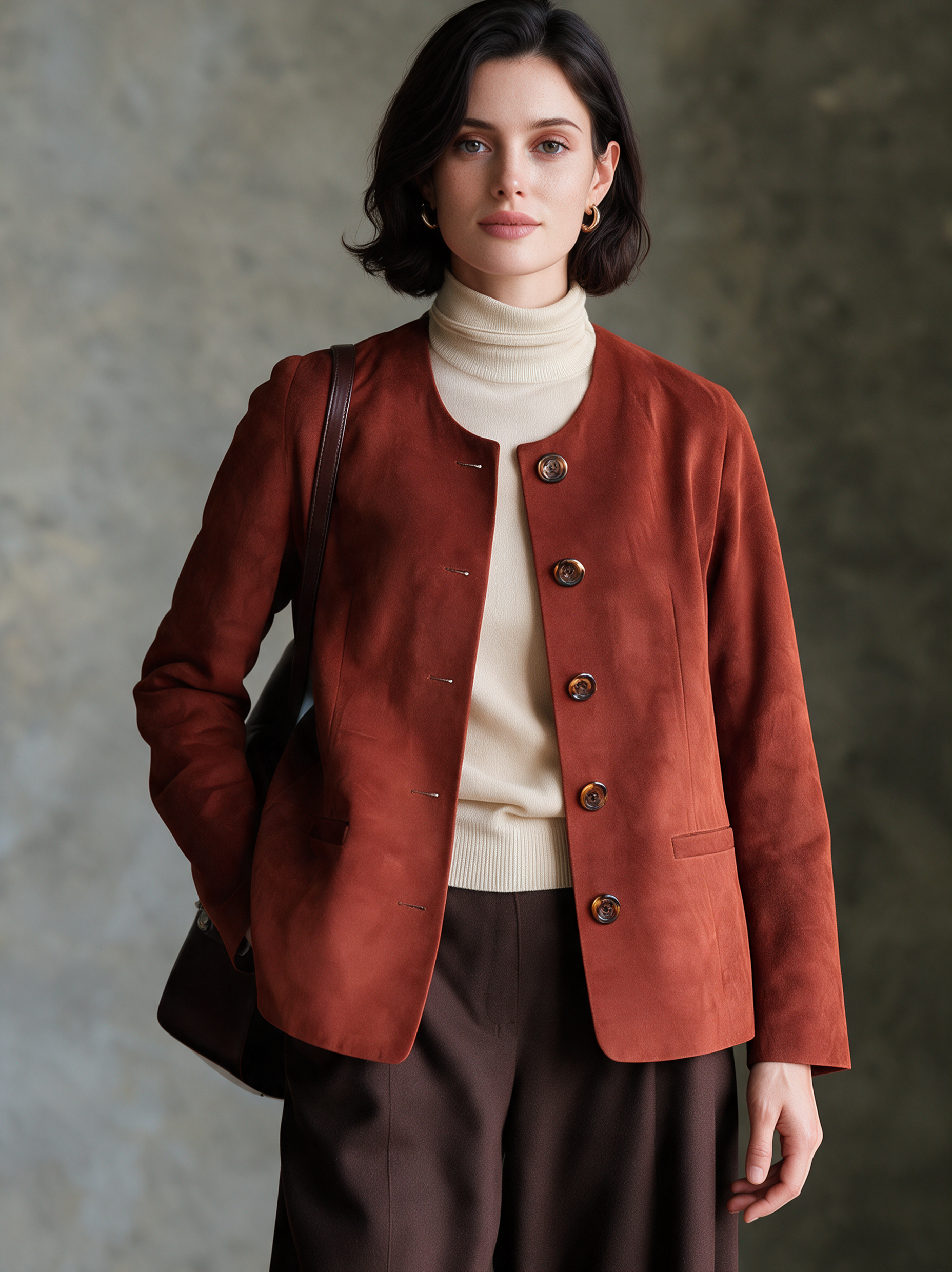 Women’s Minimalist Crew-Neck Suede Jacket
