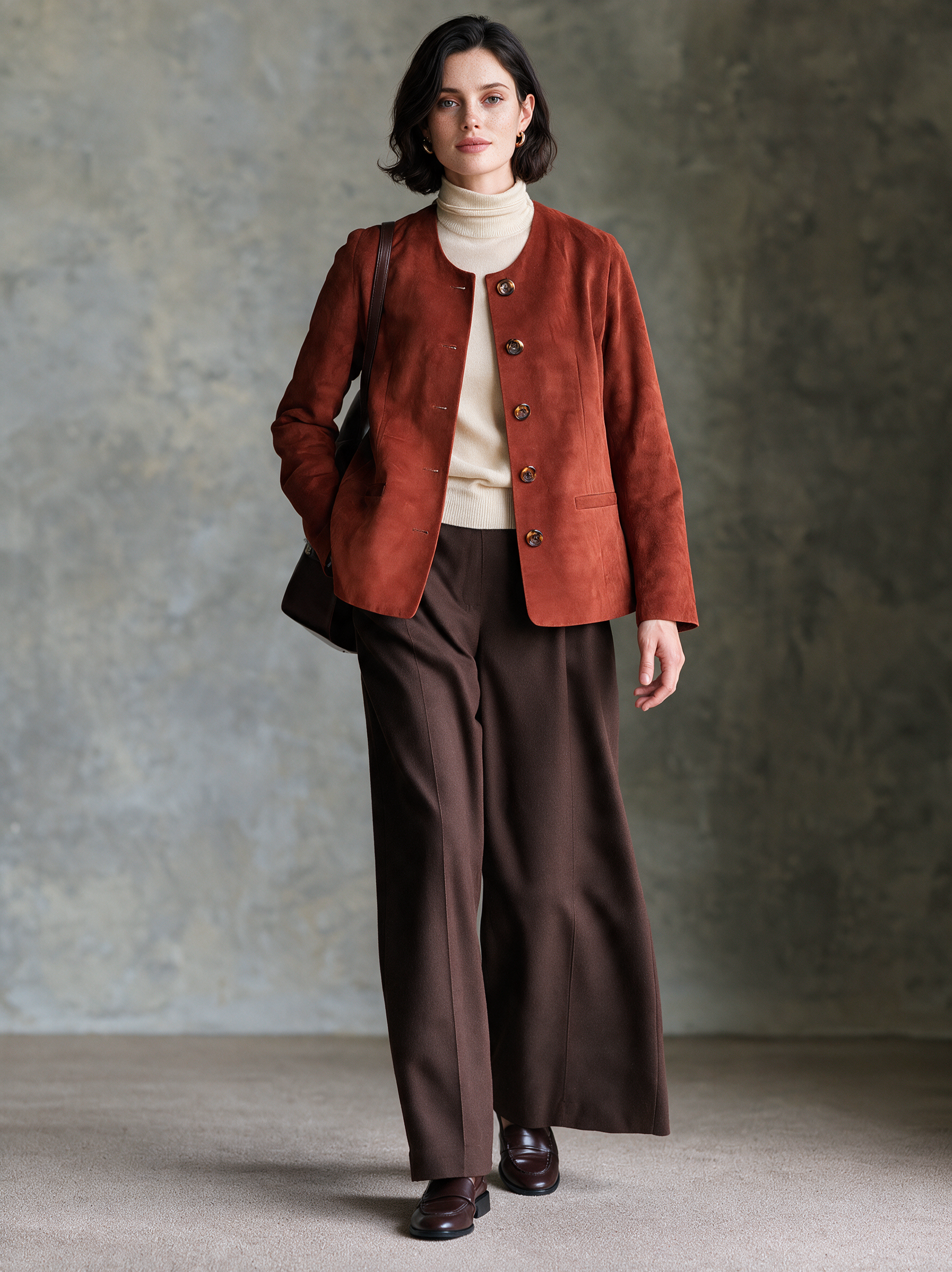 Women’s Minimalist Crew-Neck Suede Jacket