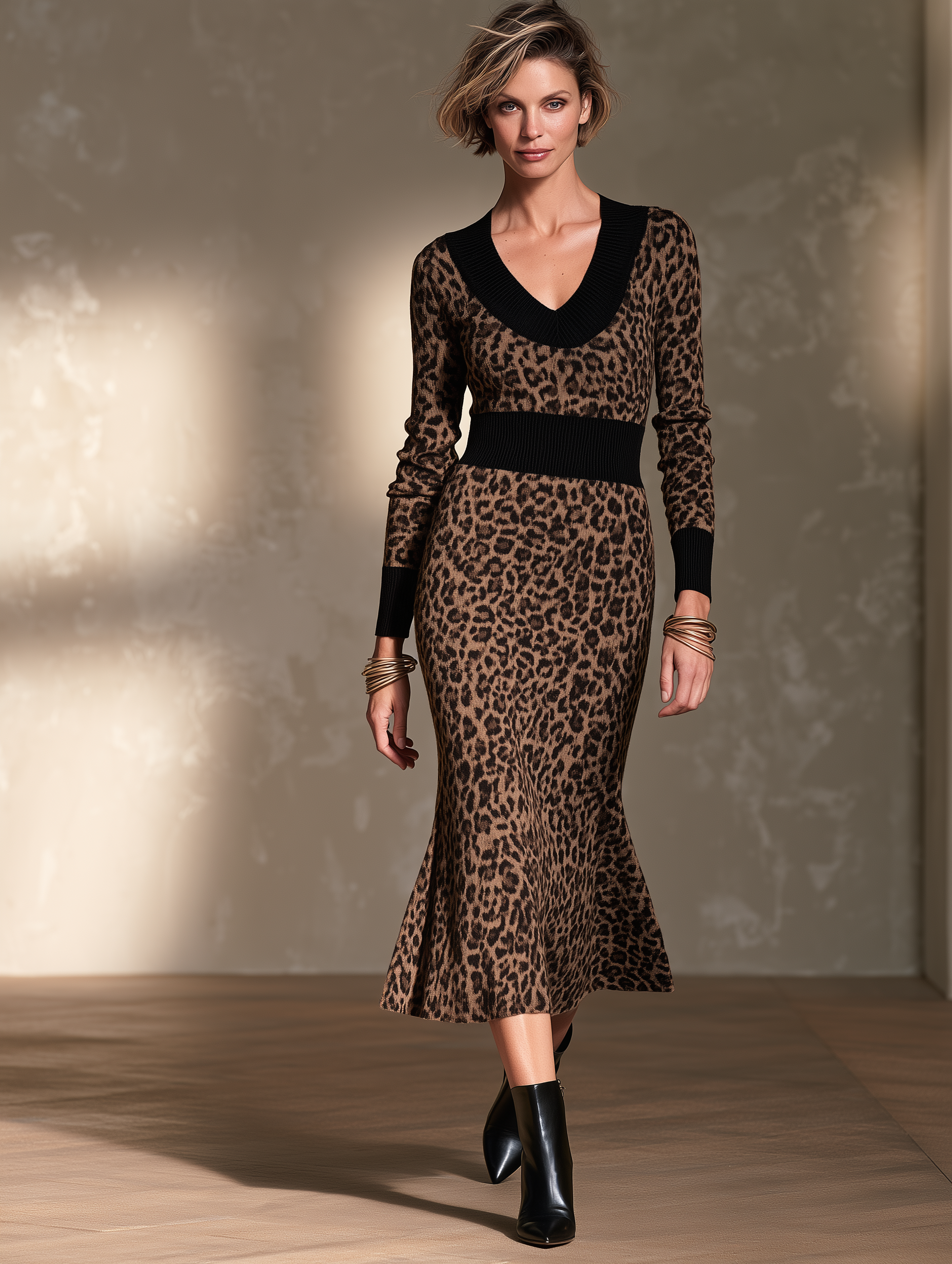 Women’s Elegant Brown Leopard-print Knit V-neck Long-sleeve Midi Dress