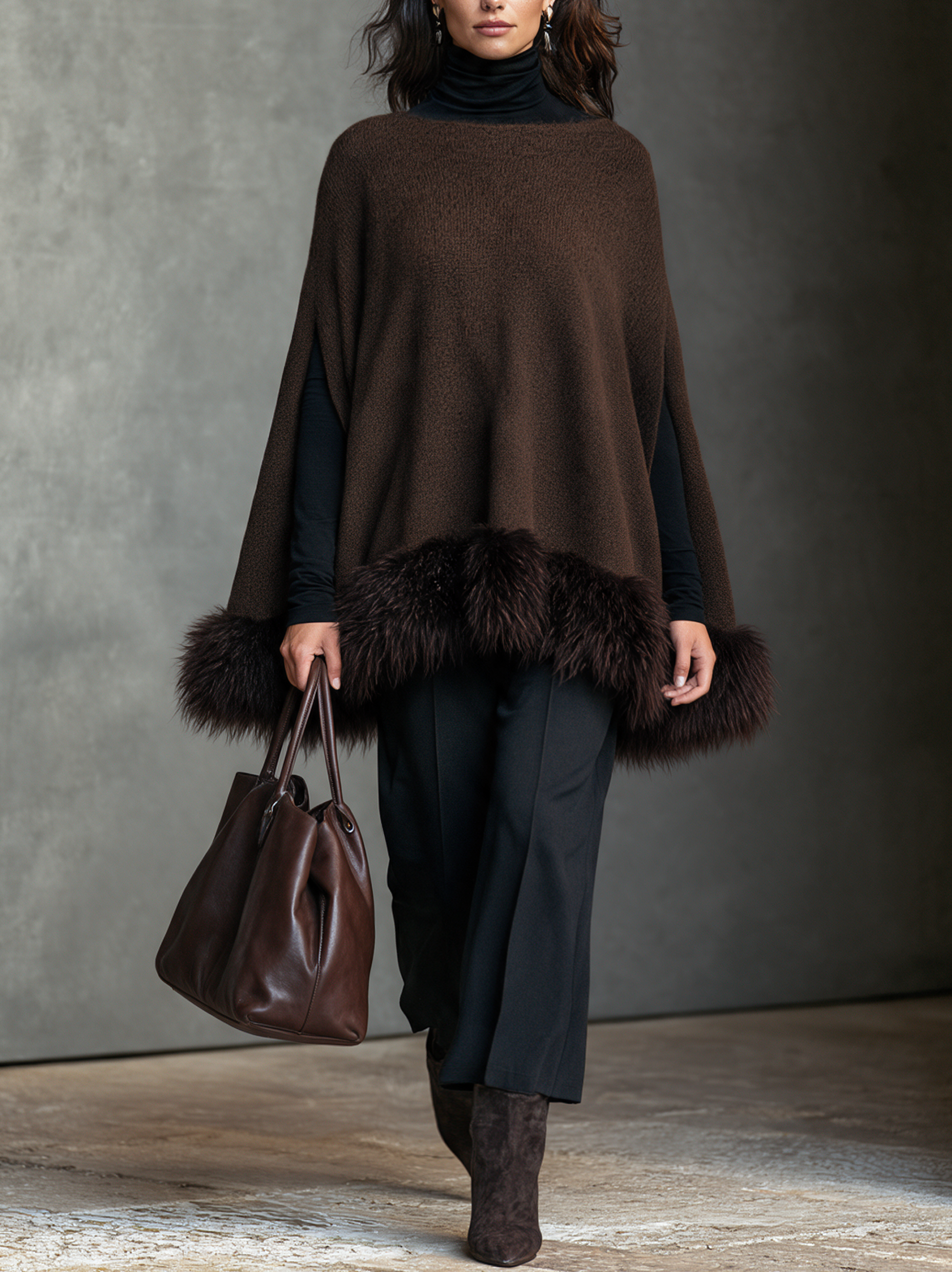 Women’s Elegant Brown Knitted Sleeveless Cape Top