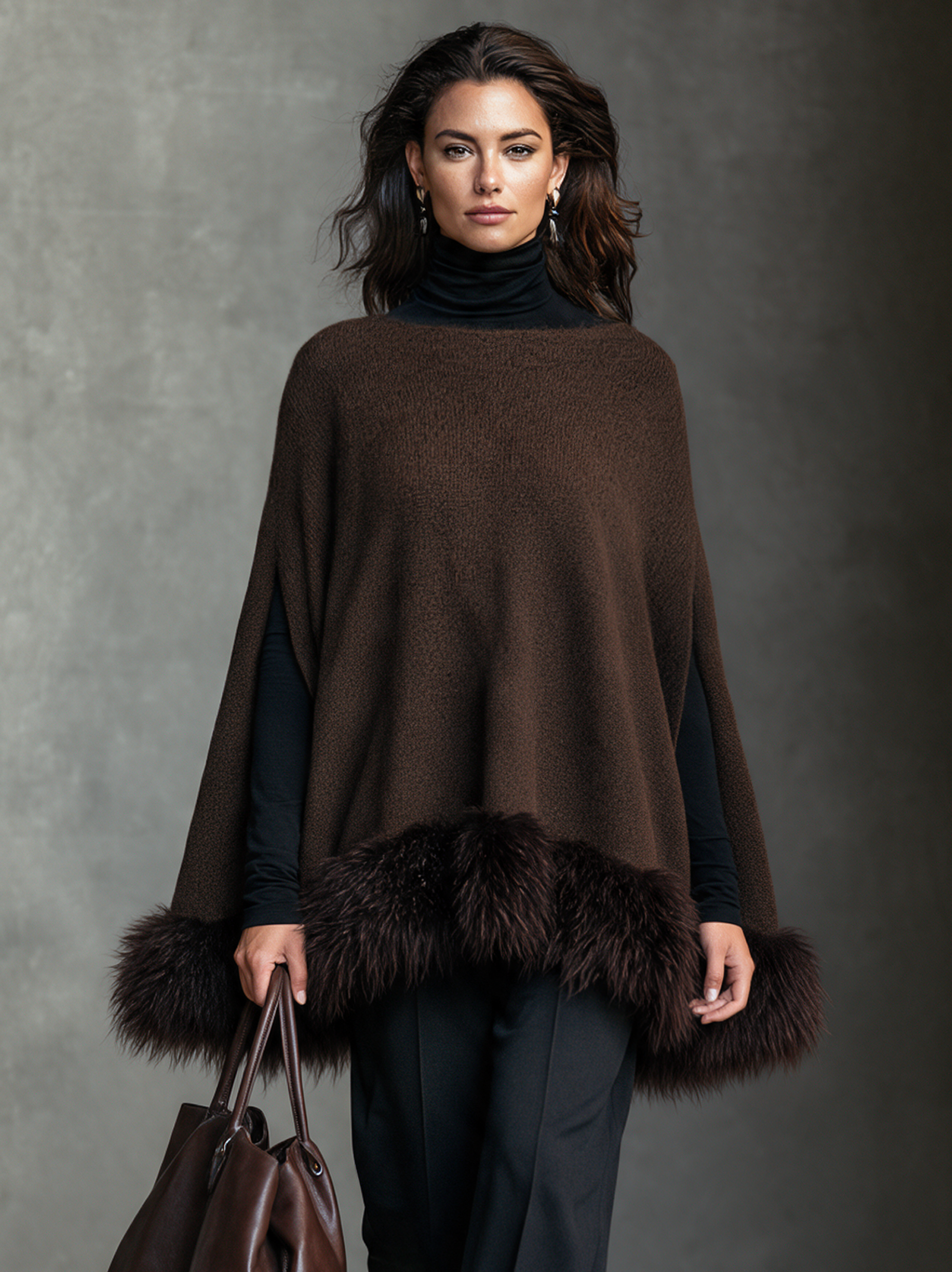 Women’s Elegant Brown Knitted Sleeveless Cape Top