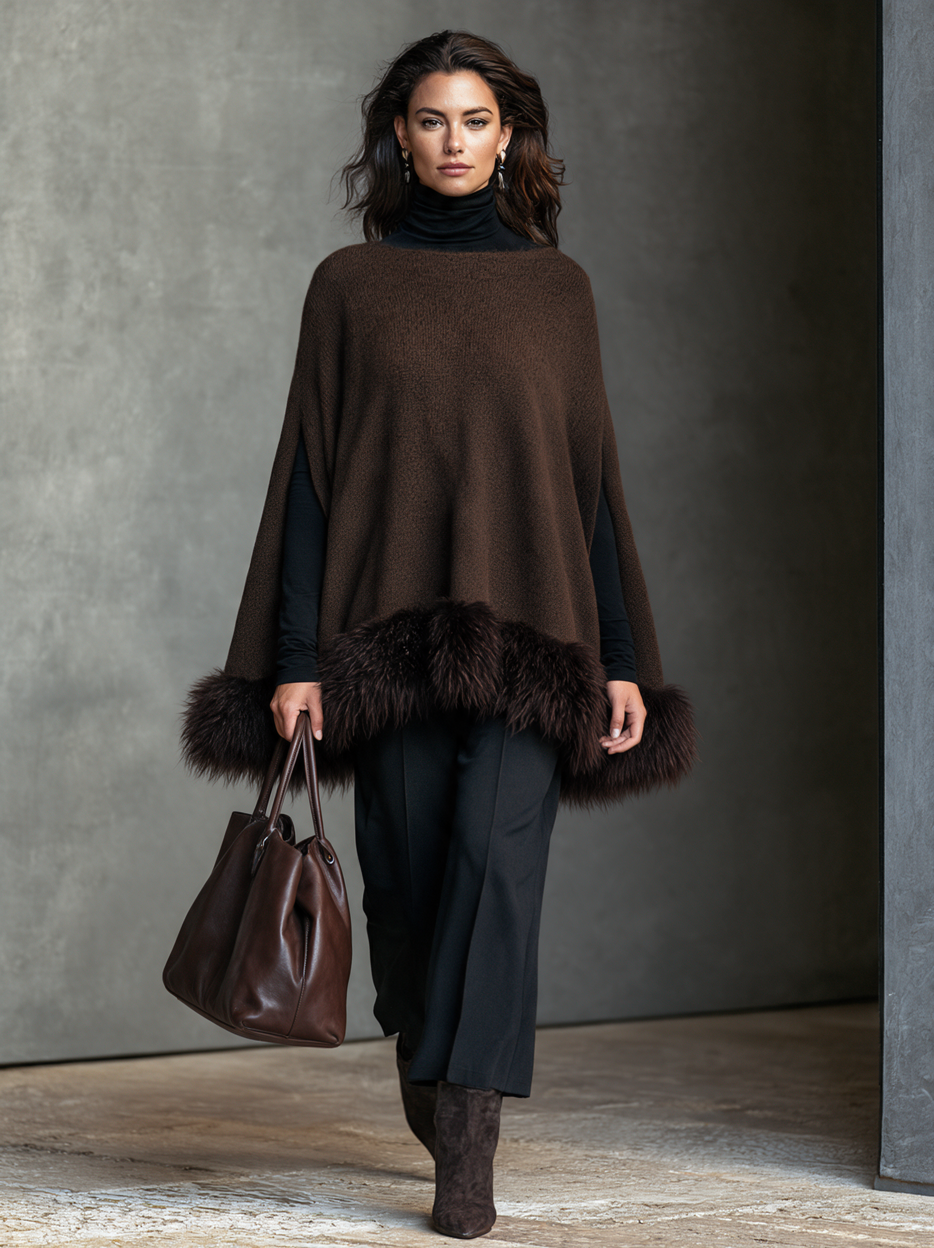 Women’s Elegant Brown Knitted Sleeveless Cape Top