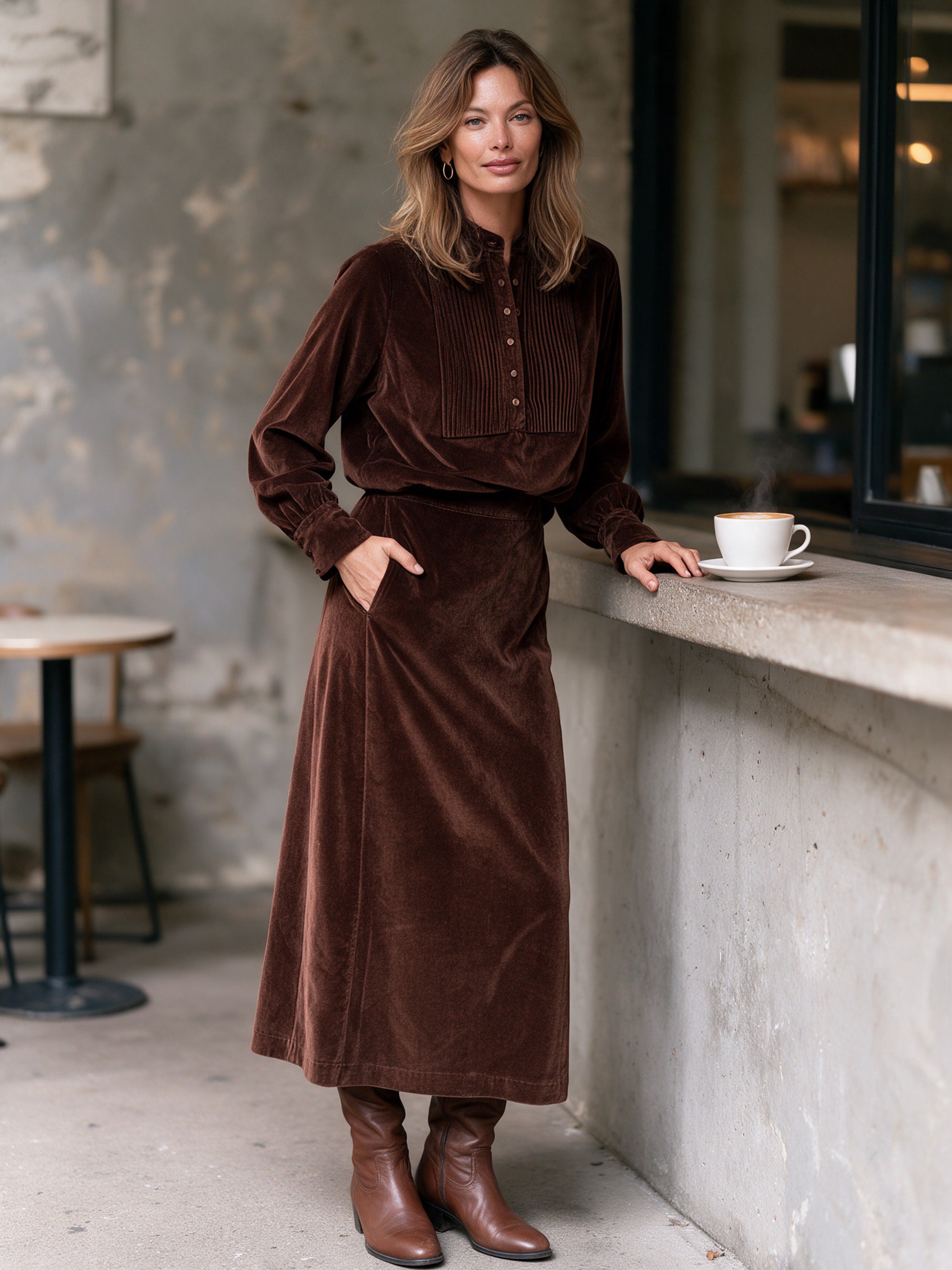 Women’s Elegant Dark Brown Velvet Long-sleeved Top And Skirt Two-piece Set