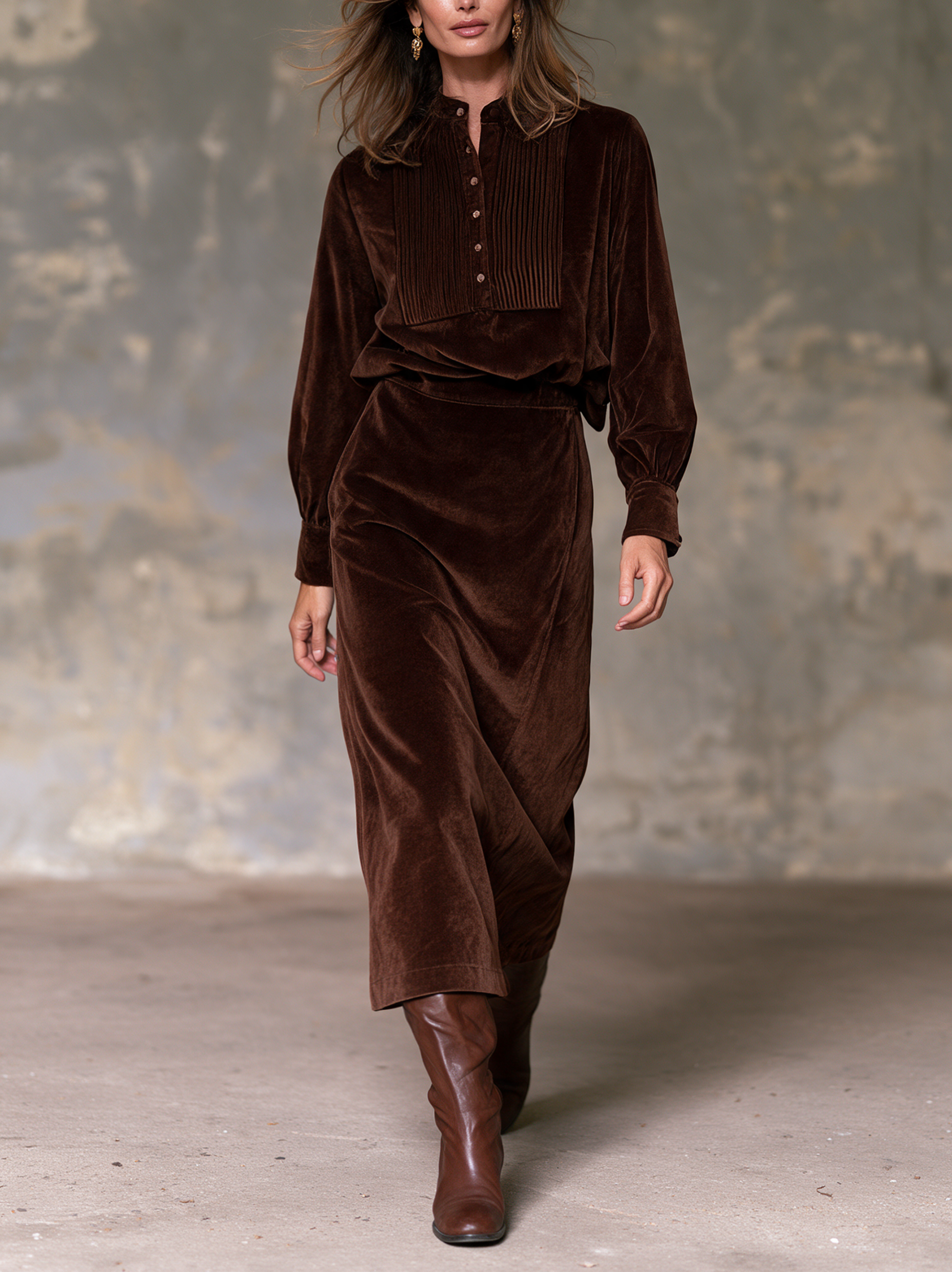 Women’s Elegant Dark Brown Velvet Long-sleeved Top And Skirt Two-piece Set