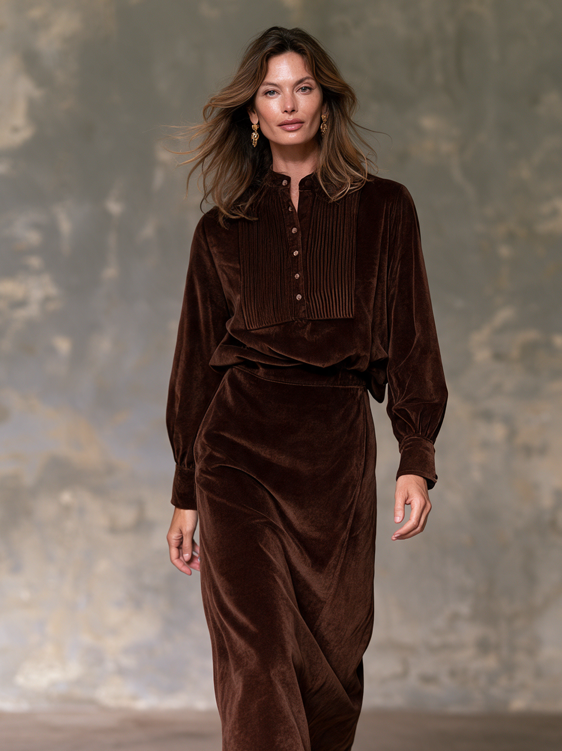 Women’s Elegant Dark Brown Velvet Long-sleeved Top And Skirt Two-piece Set