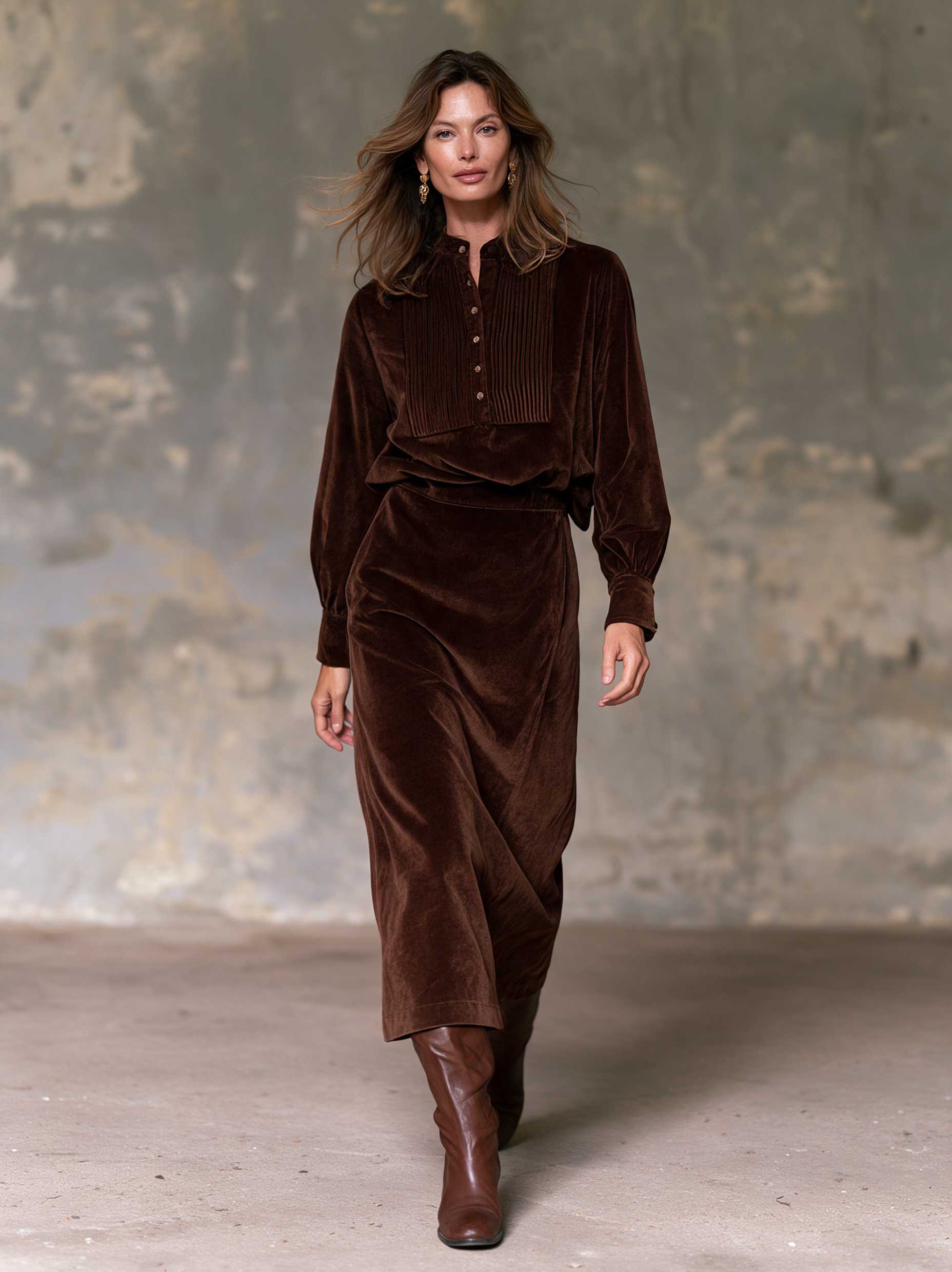 Women’s Elegant Dark Brown Velvet Long-sleeved Top And Skirt Two-piece Set