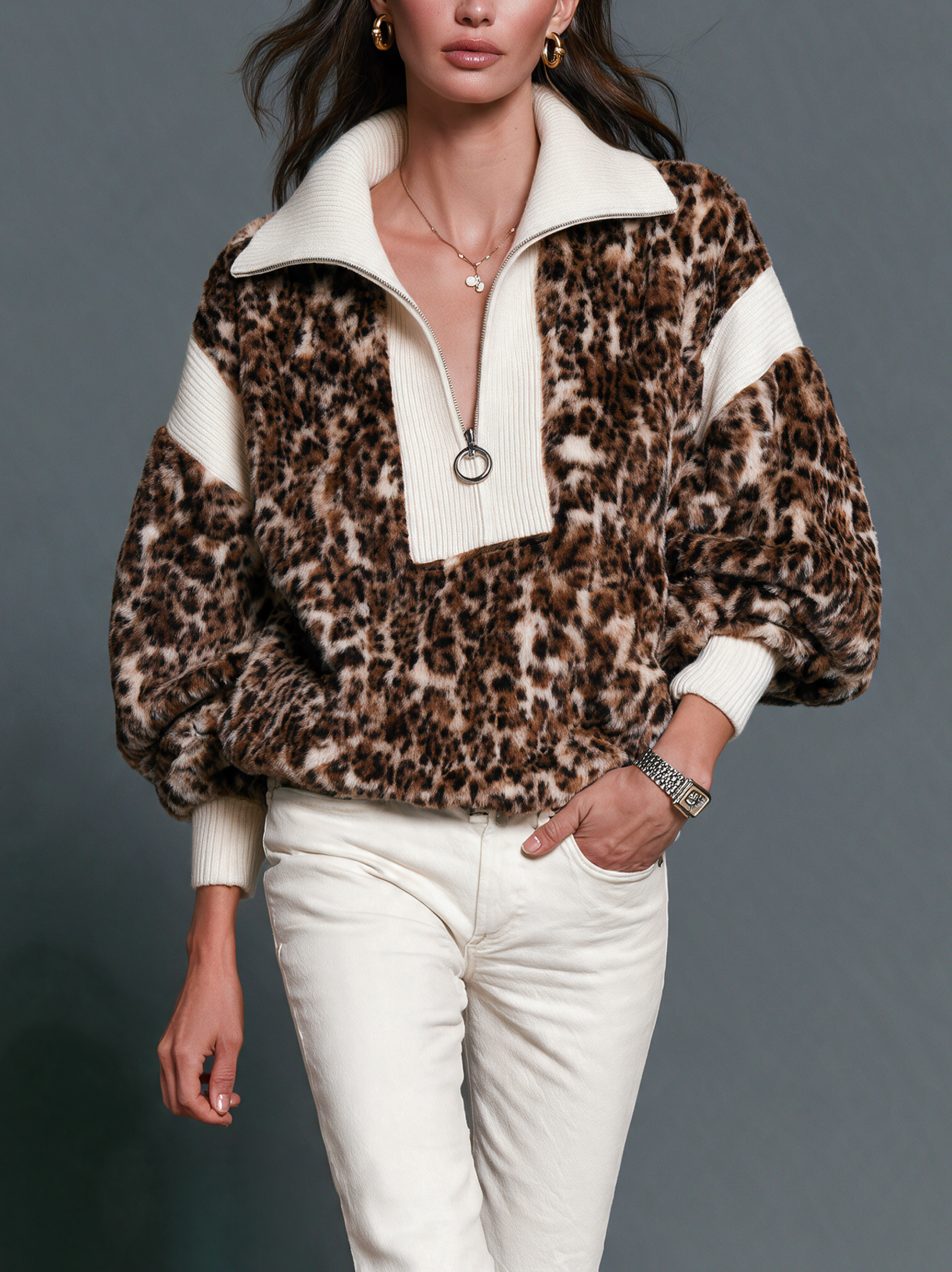 Women’s Elegant Long-sleeve Knit Top Featuring A Plush Leopard-print Panel And A Half-zip Collar