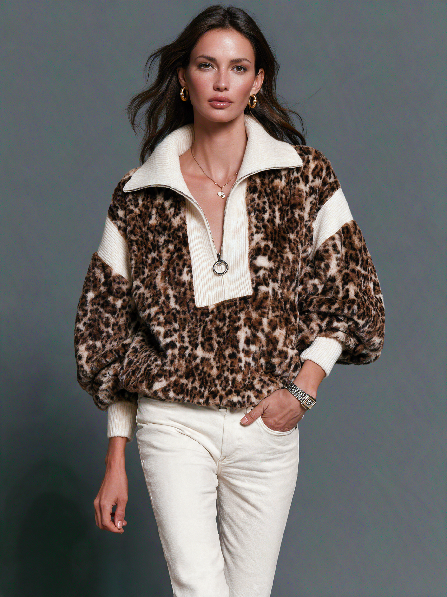 Women’s Elegant Long-sleeve Knit Top Featuring A Plush Leopard-print Panel And A Half-zip Collar