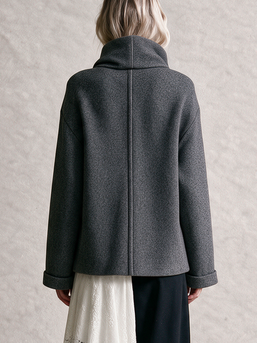 Women's Dark Heather Gray Woolen Draped Neck Asymmetric Button‑Front Jacket With Side Tie Waist