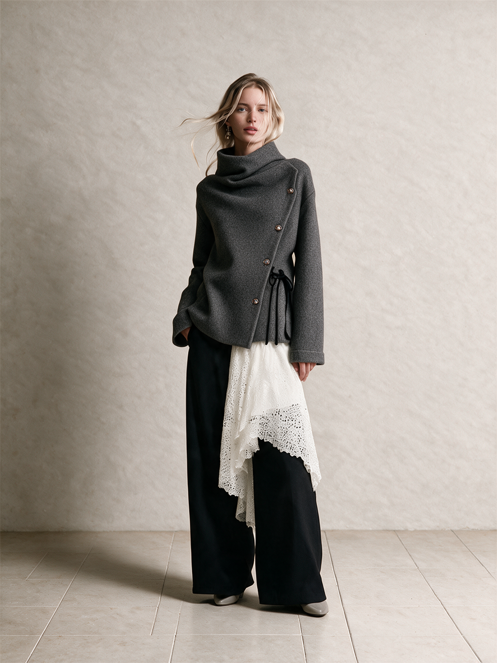 Women's Dark Heather Gray Woolen Draped Neck Asymmetric Button‑Front Jacket With Side Tie Waist