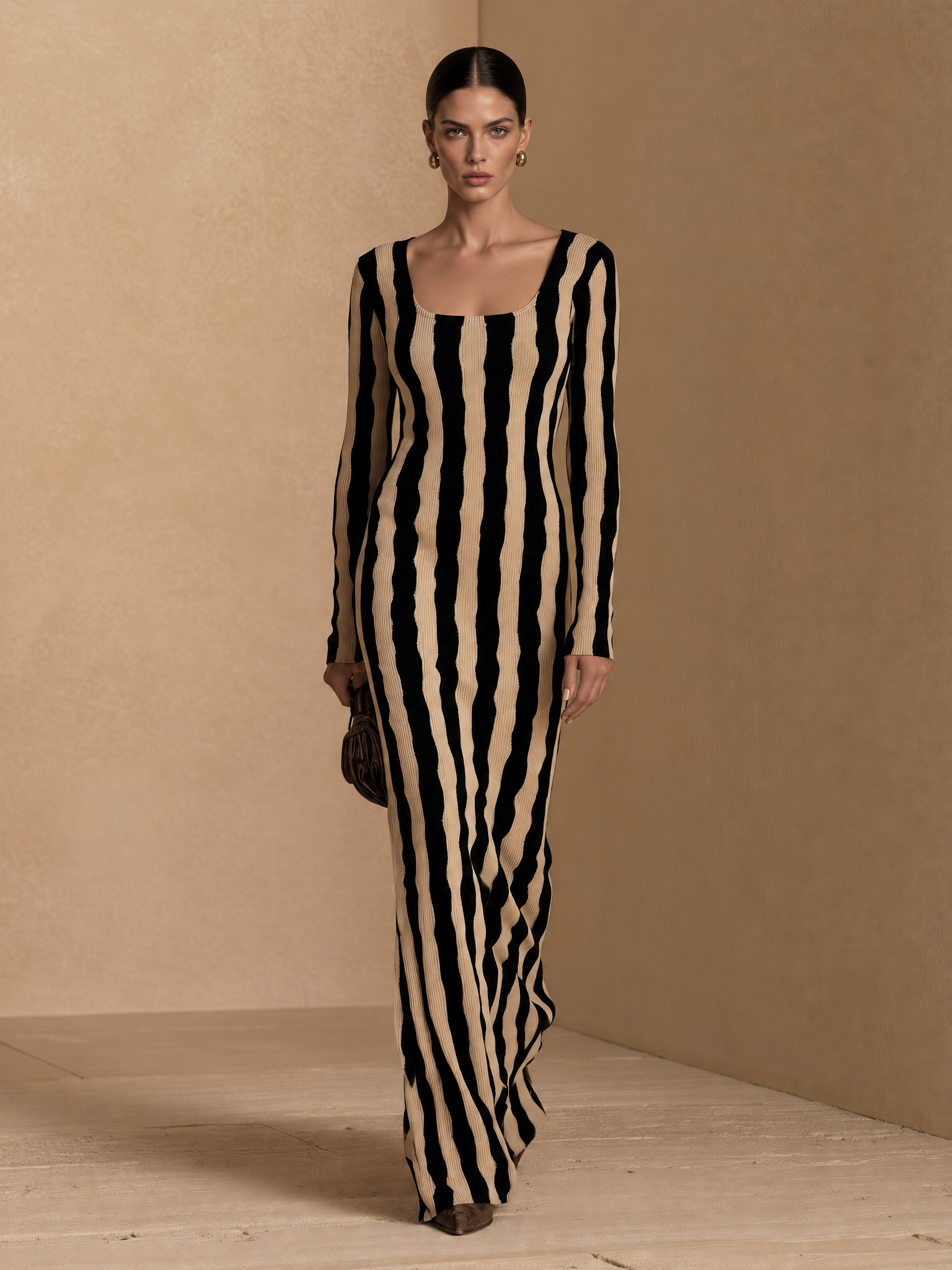 Women's Ribbed Knit Long Sleeve Maxi Dress with Wavy Stripes