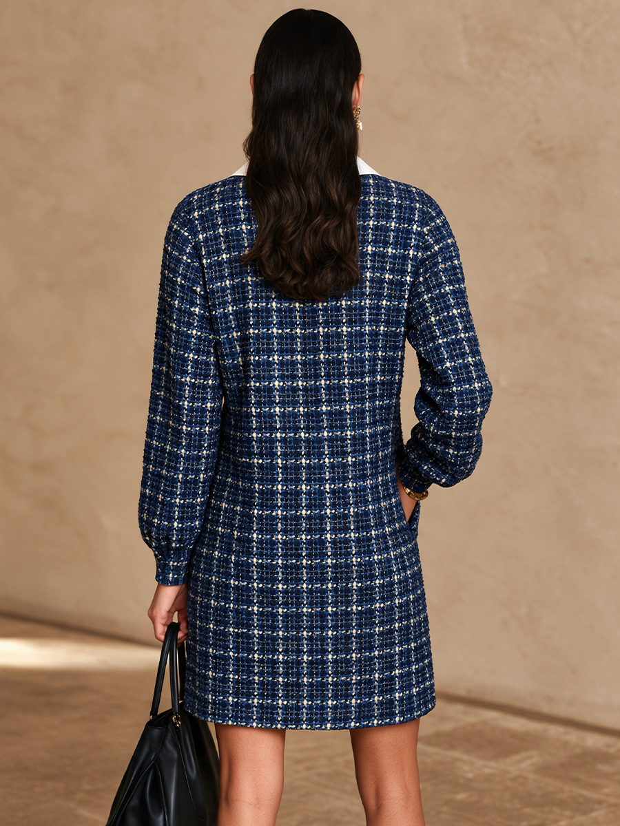Women's Elegant Plaid Contrast-Collar Mini Dress
