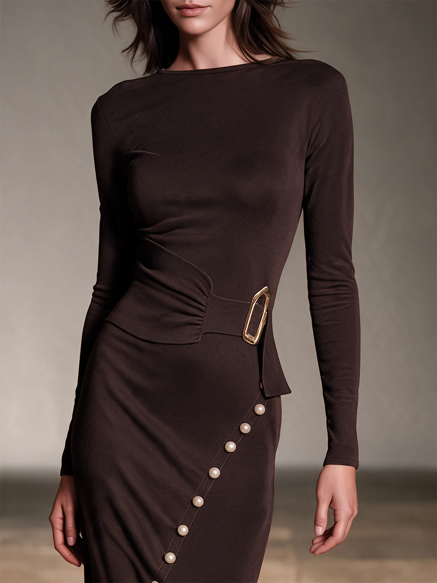 Women's Buckle Waist Pearl Trim Midi Dress