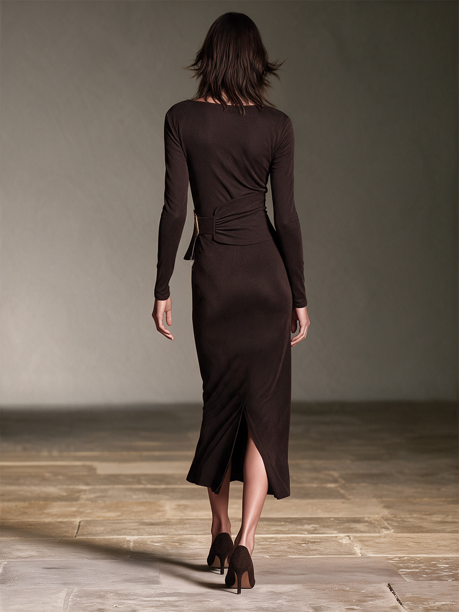 Women's Buckle Waist Pearl Trim Midi Dress