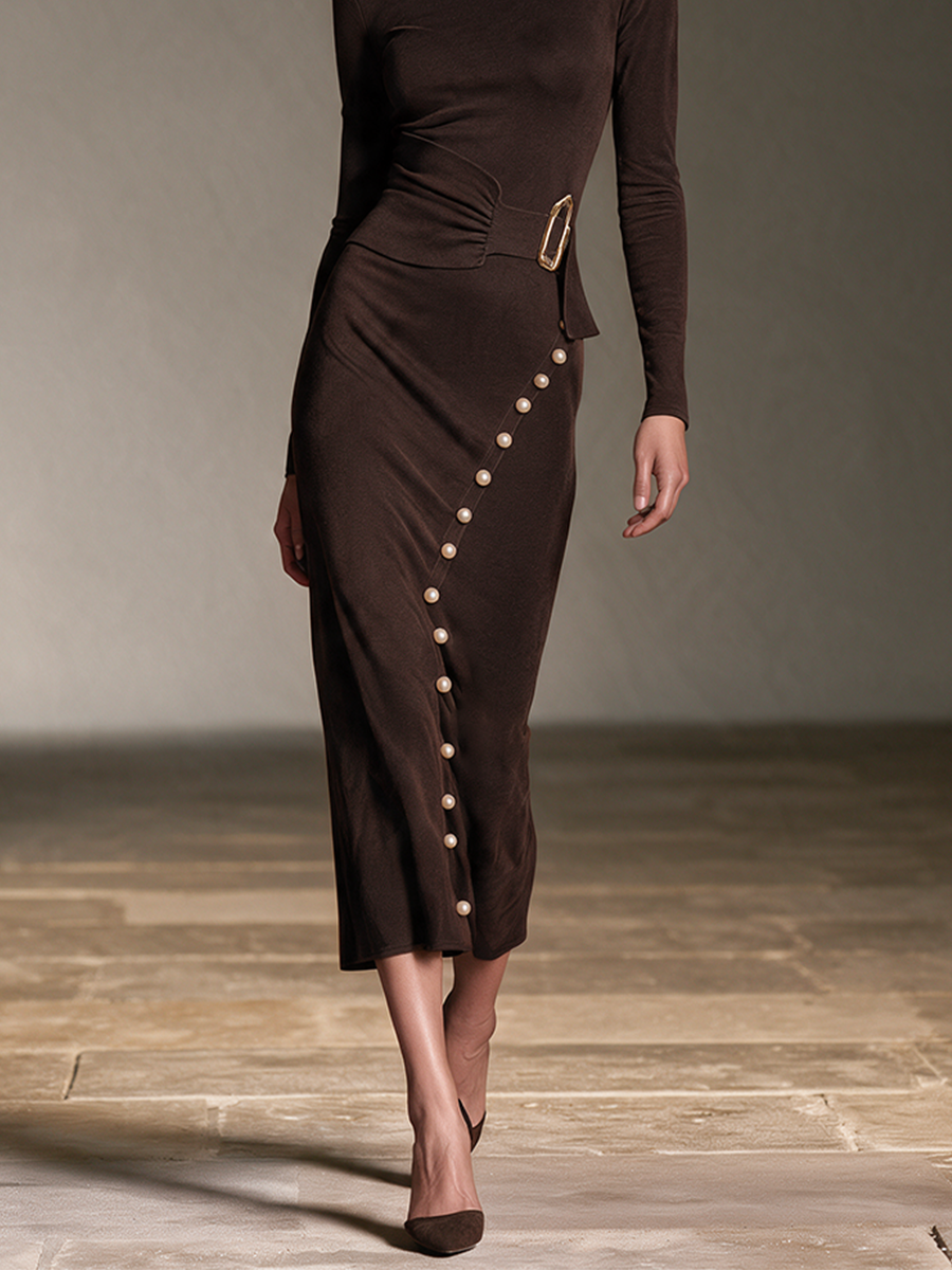 Women's Buckle Waist Pearl Trim Midi Dress