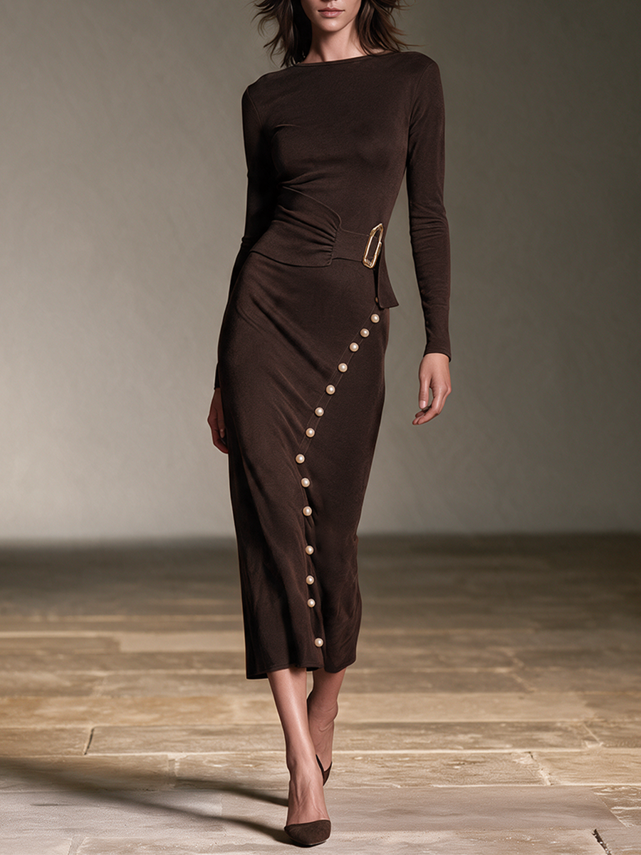 Women's Buckle Waist Pearl Trim Midi Dress