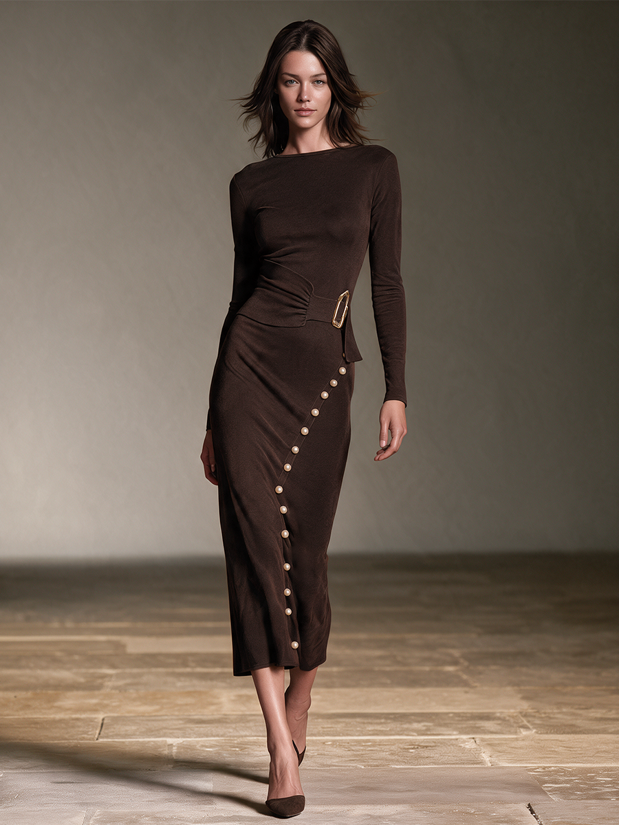 Women's Buckle Waist Pearl Trim Midi Dress