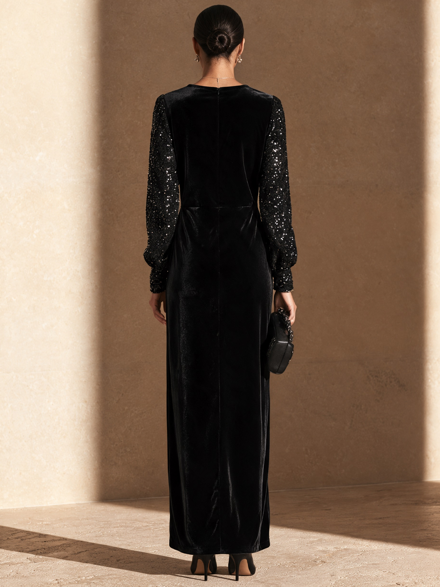Women's Elegant Sequin-Sleeve V-Neck Wrap Maxi Dress