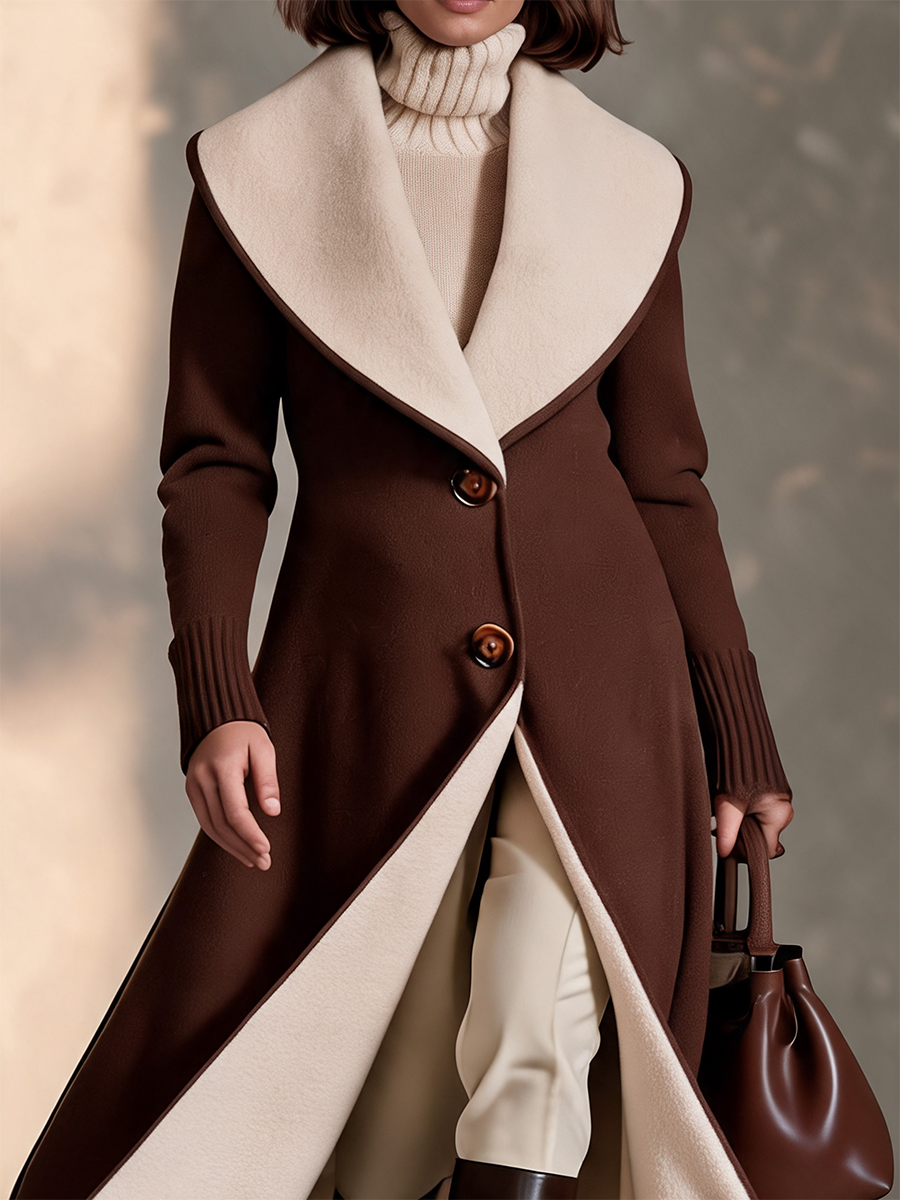 Women's Brown Longline Coat with Contrast Cream Collar