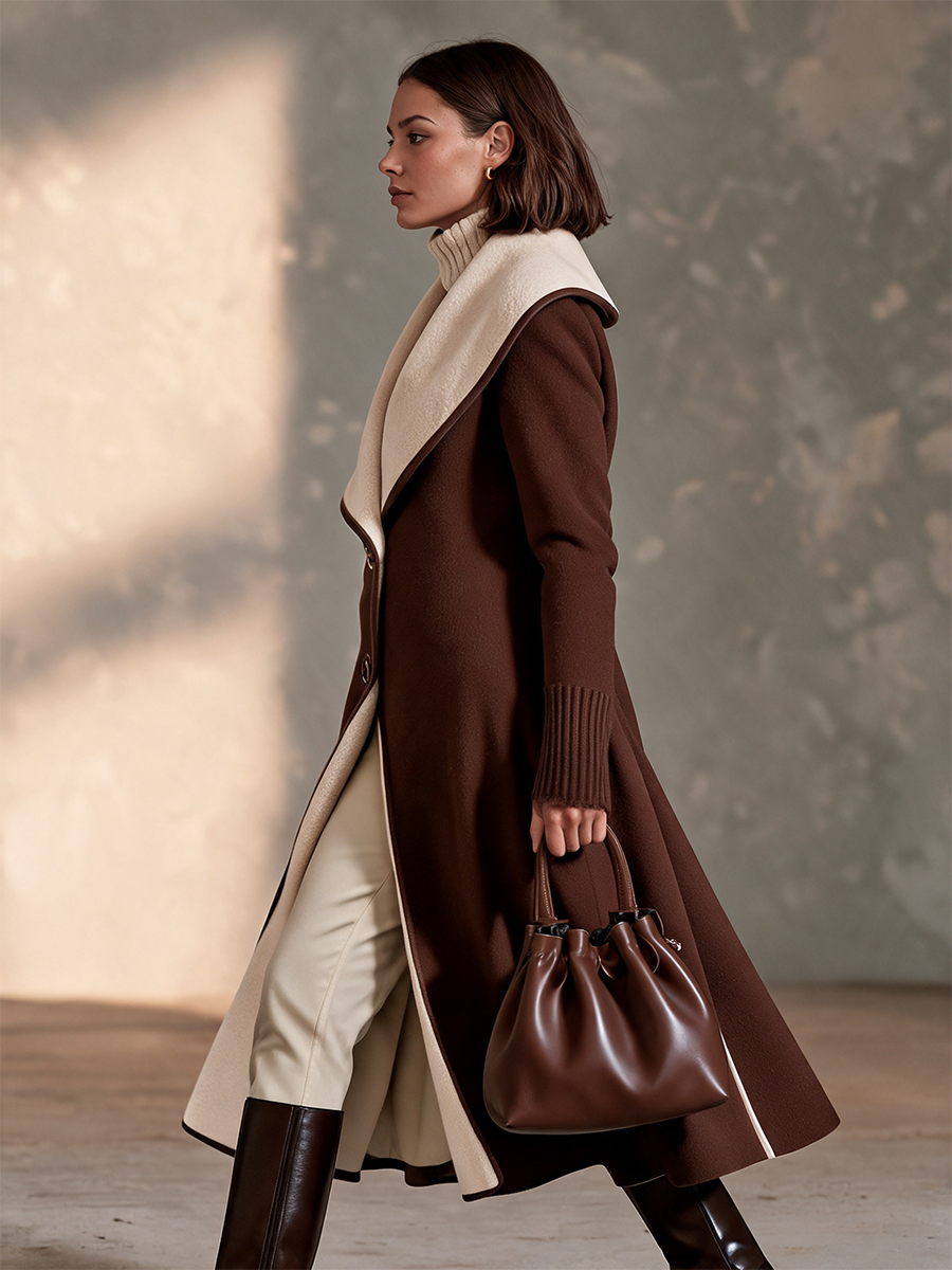 Women's Brown Longline Coat with Contrast Cream Collar
