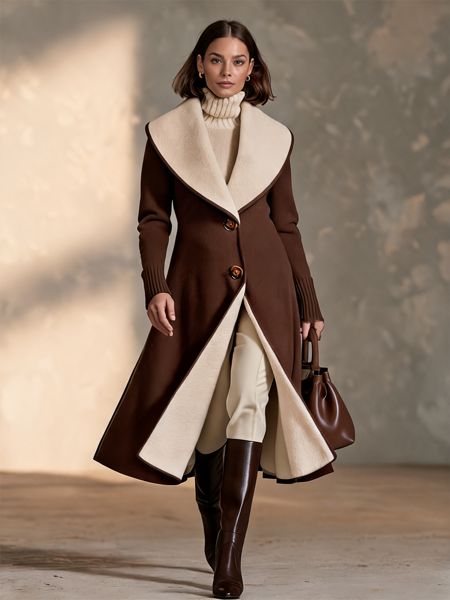 Women's Brown Longline Coat with Contrast Cream Collar
