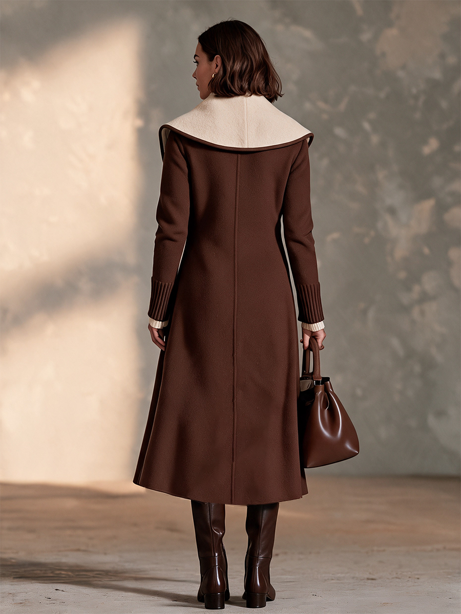 Women's Brown Longline Coat with Contrast Cream Collar