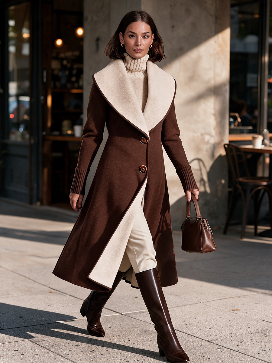 Women's Brown Longline Coat with Contrast Cream Collar