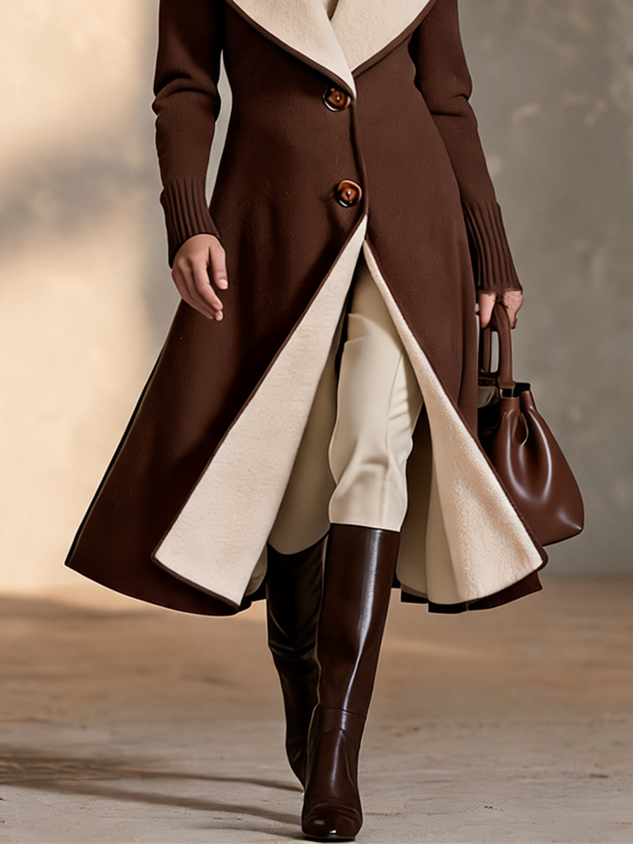 Women's Brown Longline Coat with Contrast Cream Collar