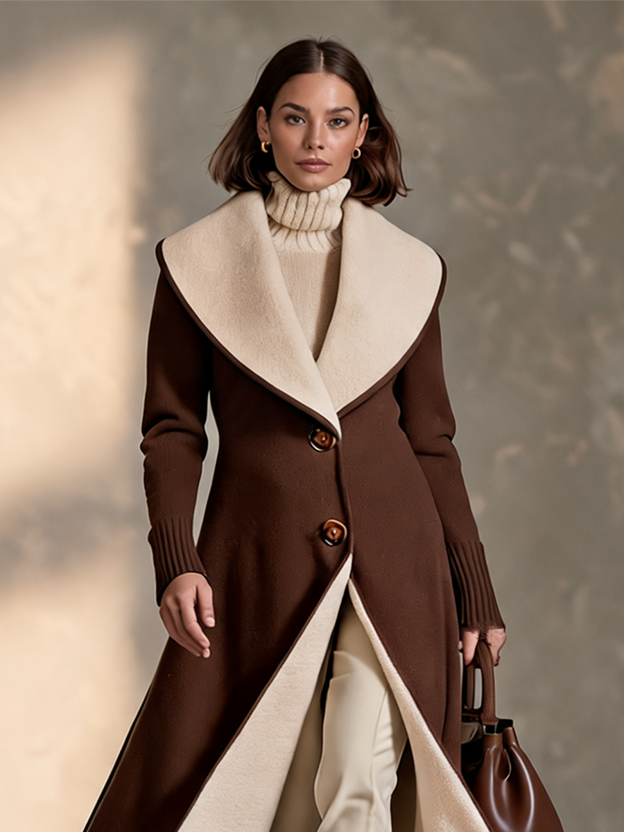 Women's Brown Longline Coat with Contrast Cream Collar