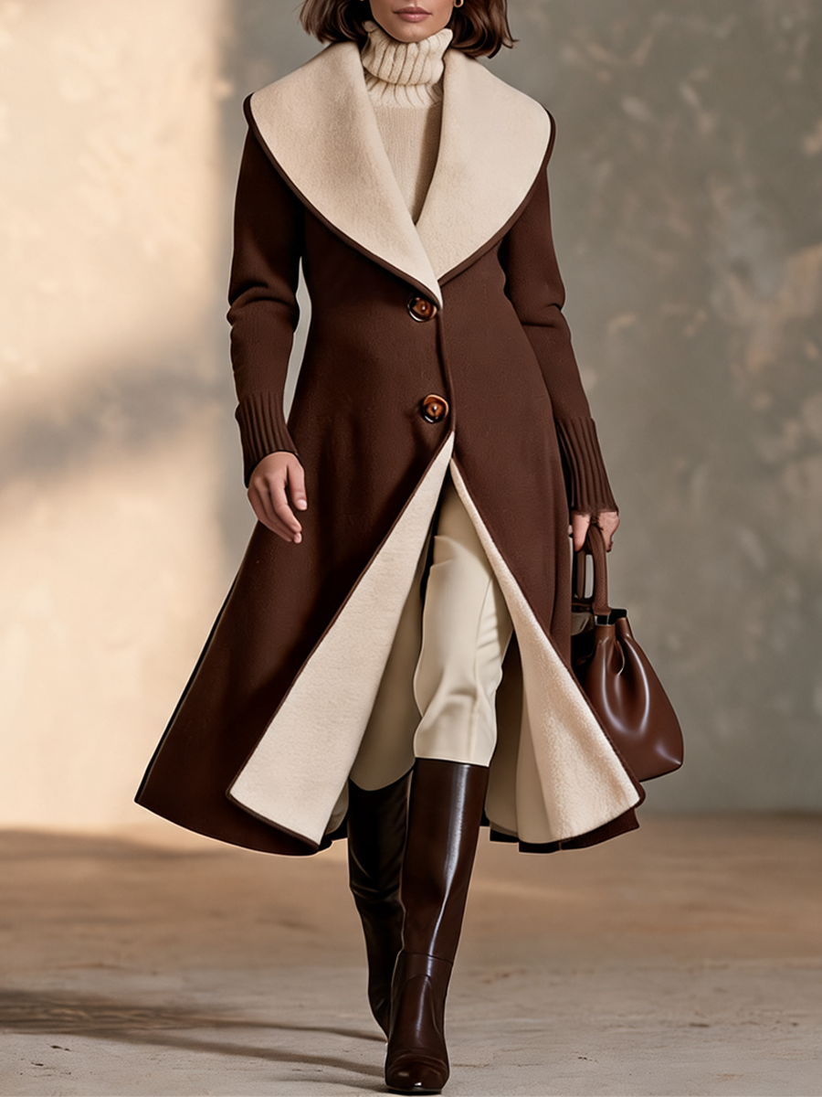 Women's Brown Longline Coat with Contrast Cream Collar