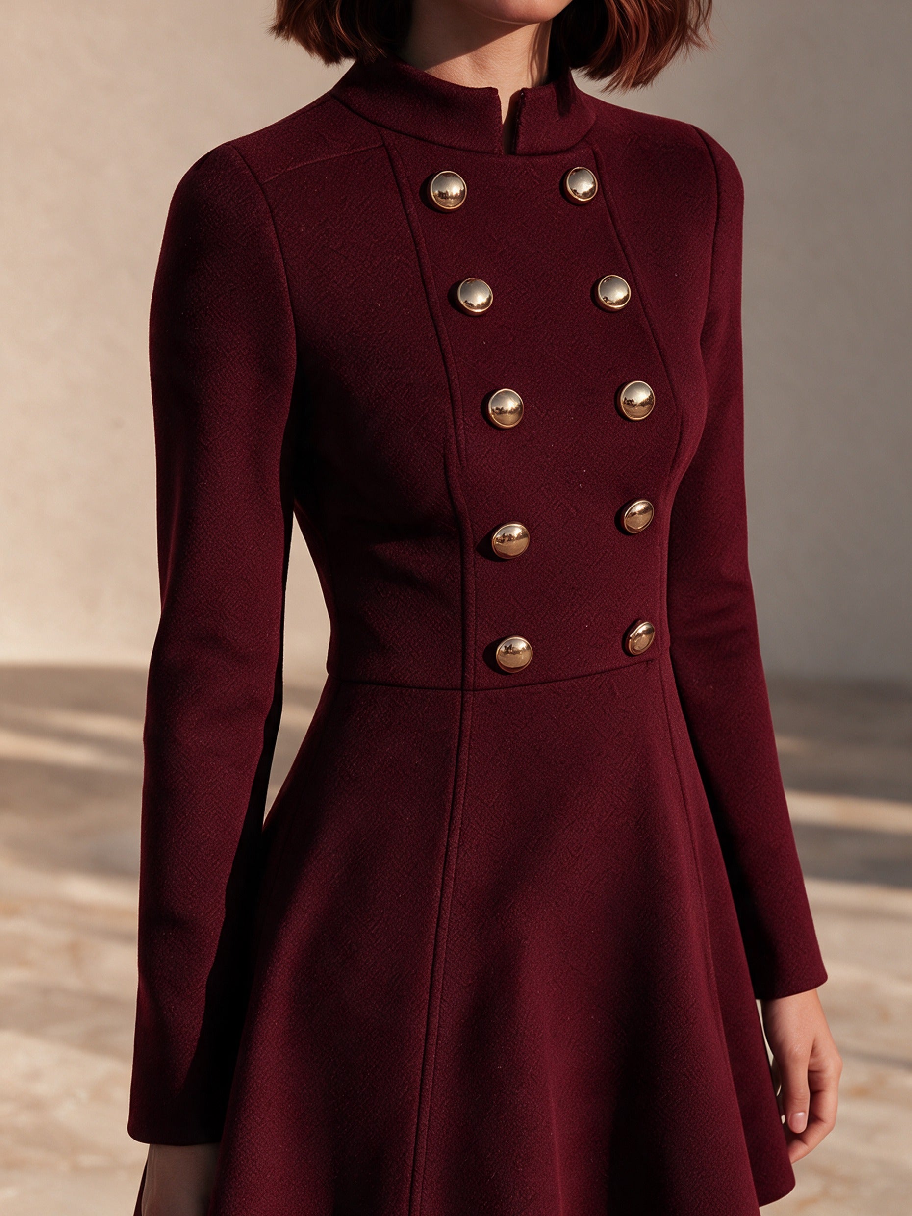 Women’s Vintage-Style Stand-Collar Double-Breasted Wool-Blend Mini Dress