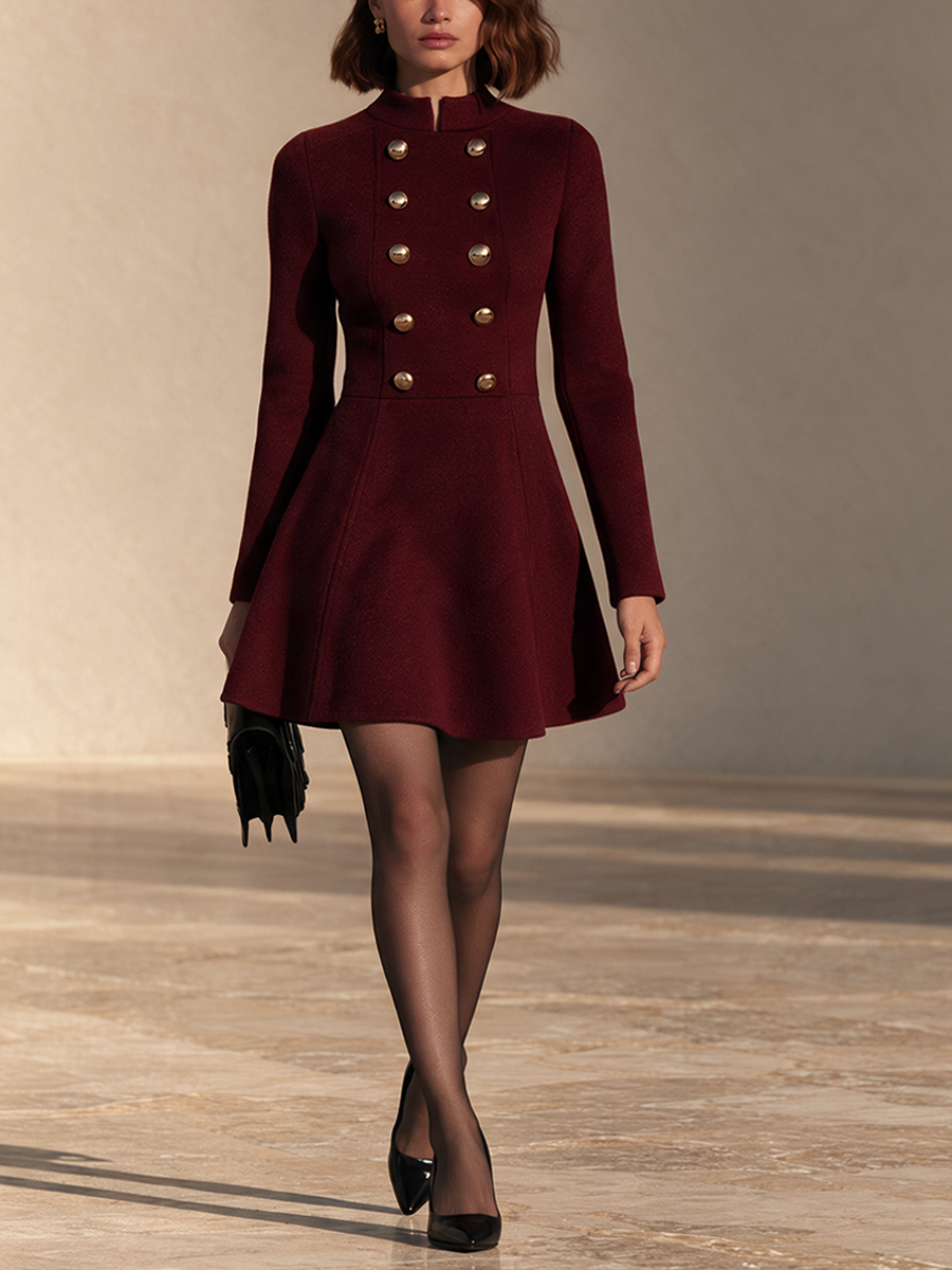 Women’s Vintage-Style Stand-Collar Double-Breasted Wool-Blend Mini Dress