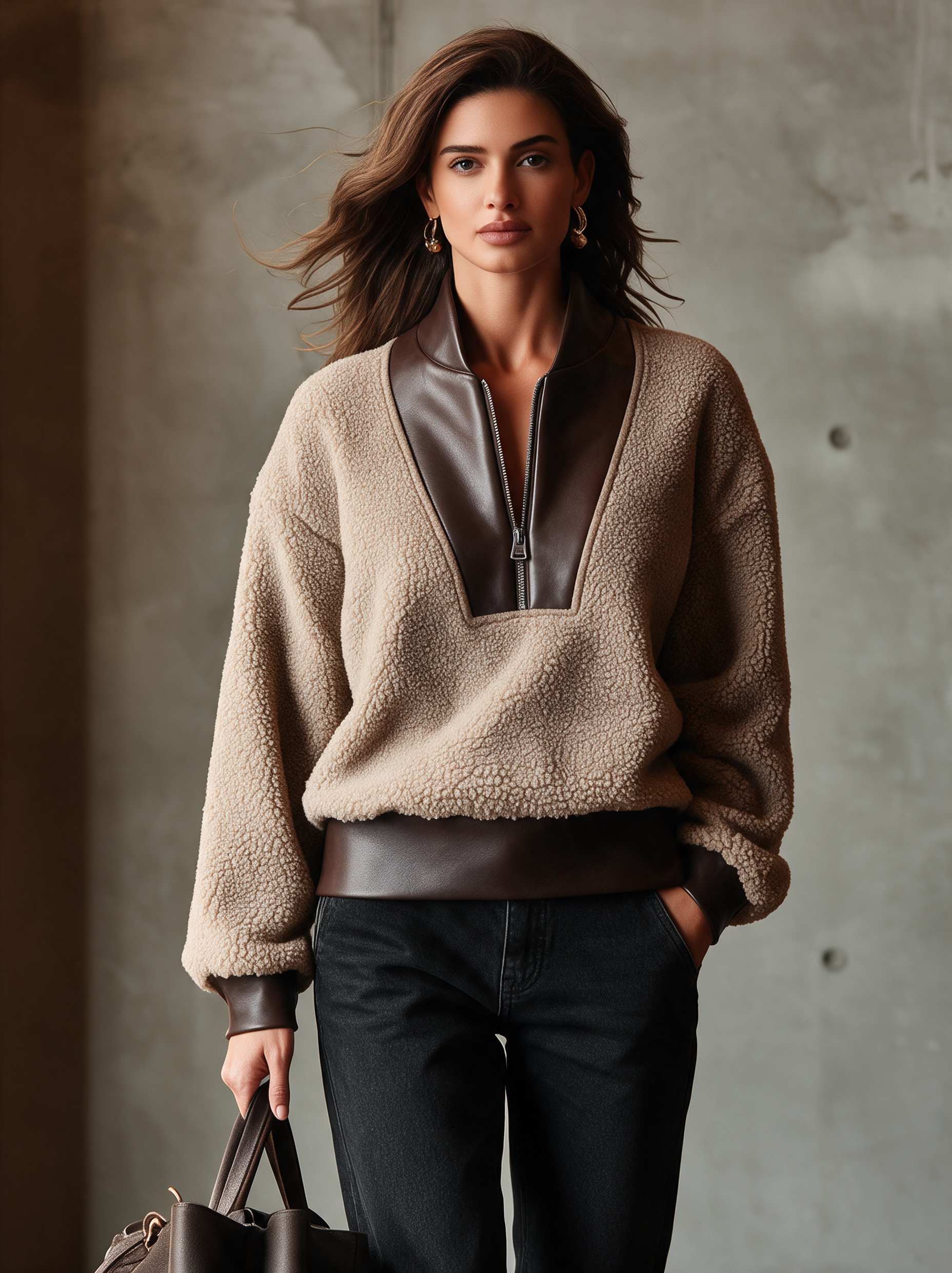 Women’s Casual Half-Zip Faux-Leather & Faux-Shearling Sweatshirt