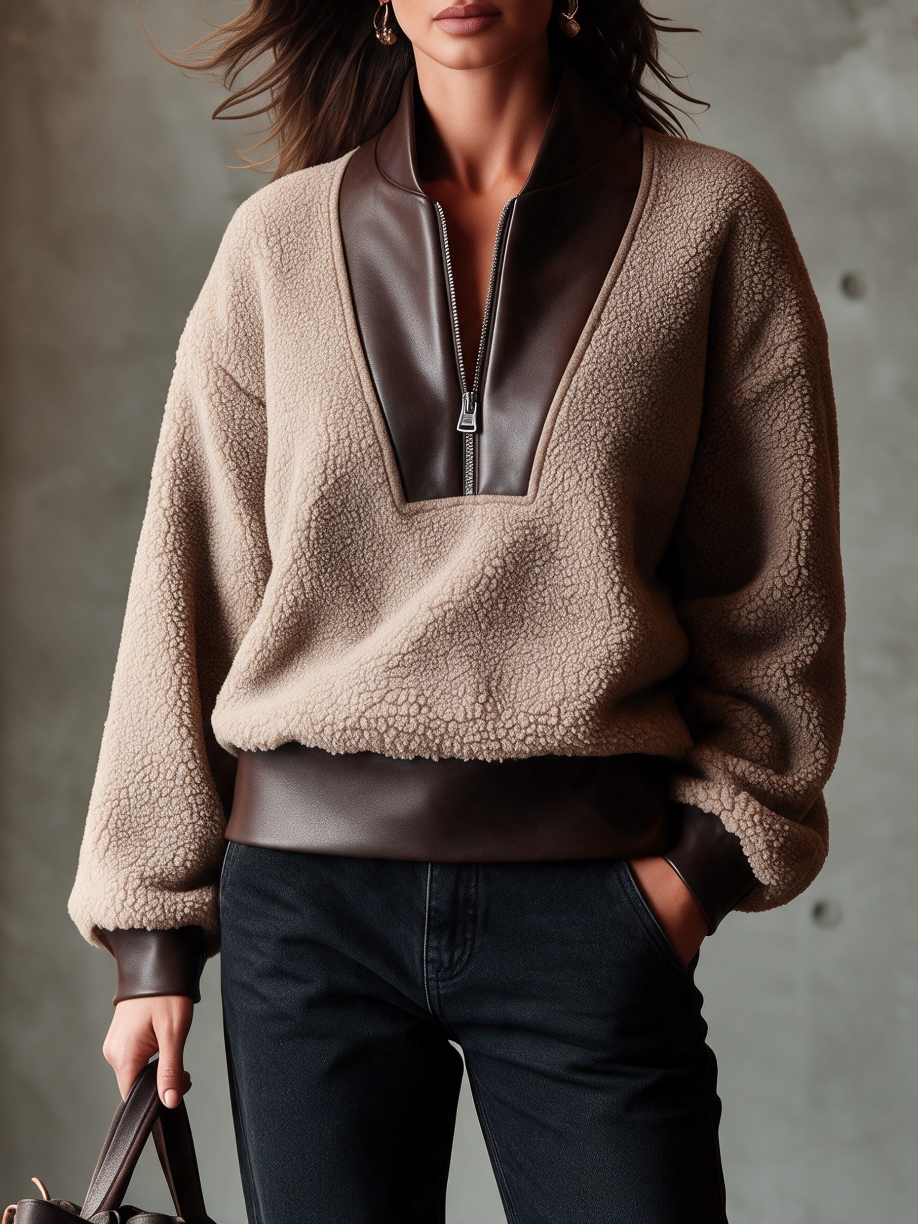 Women’s Casual Half-Zip Faux-Leather & Faux-Shearling Sweatshirt
