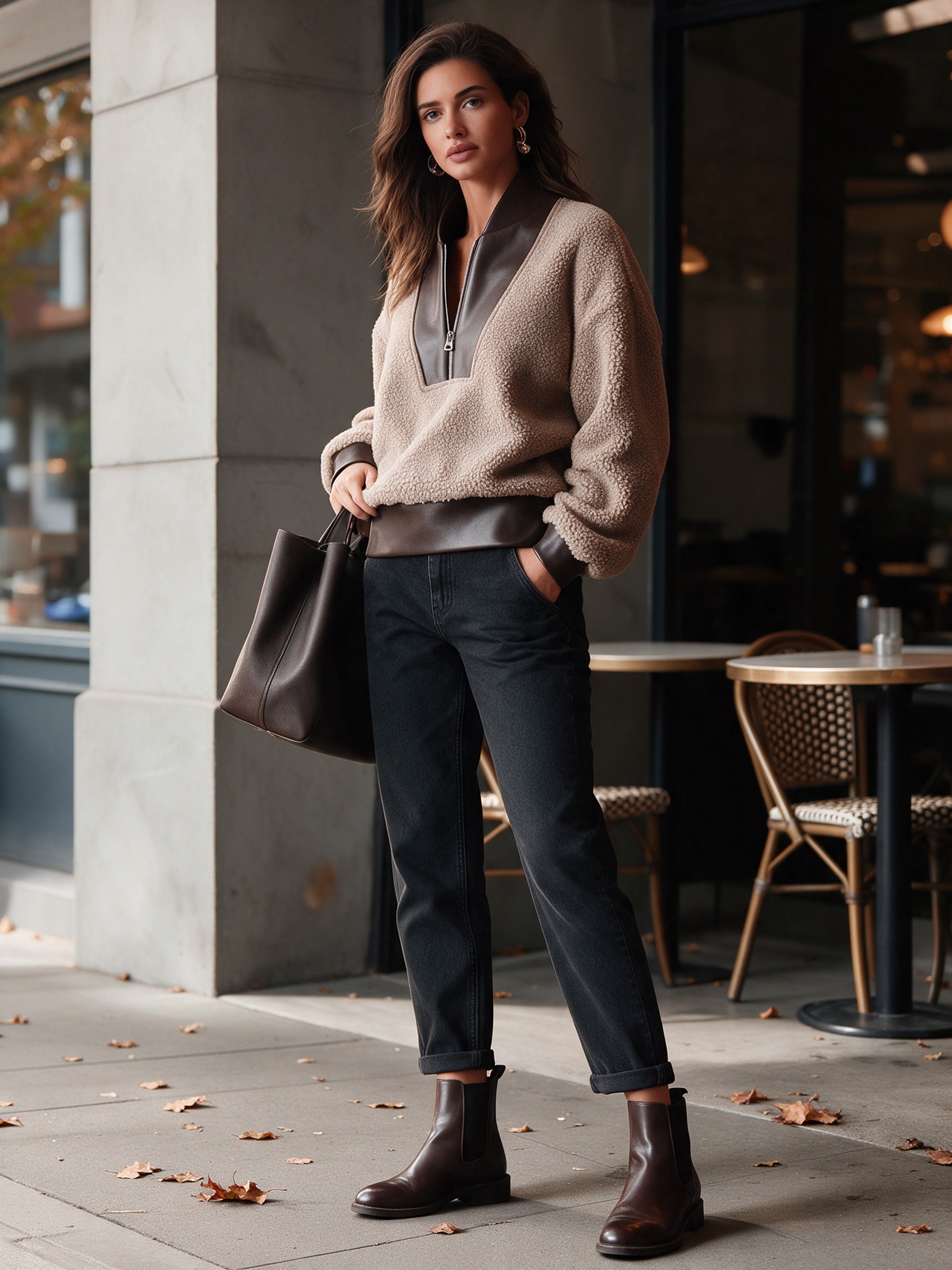 Women’s Casual Half-Zip Faux-Leather & Faux-Shearling Sweatshirt