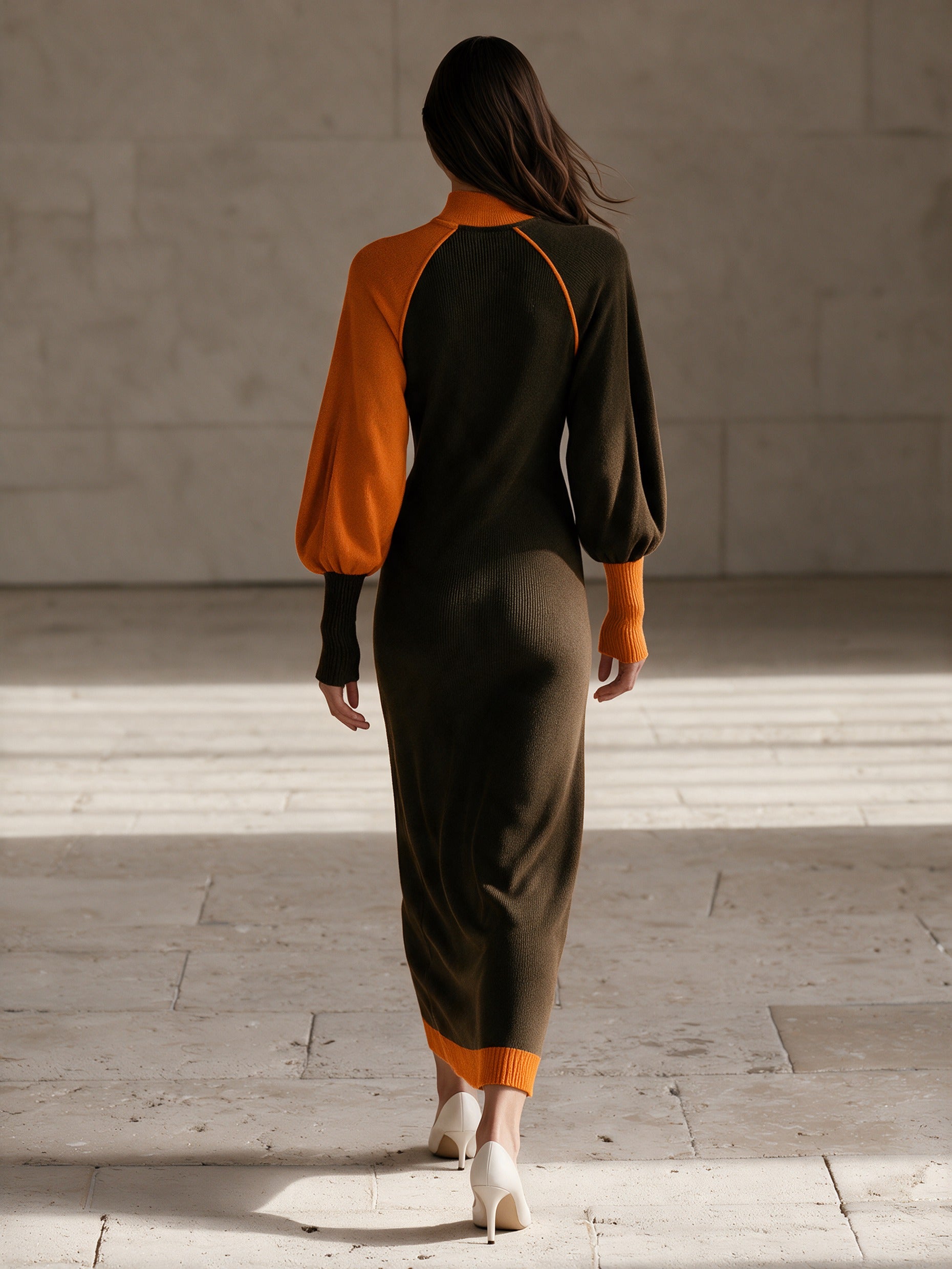 Women's Color Block Turtleneck Maxi Dress