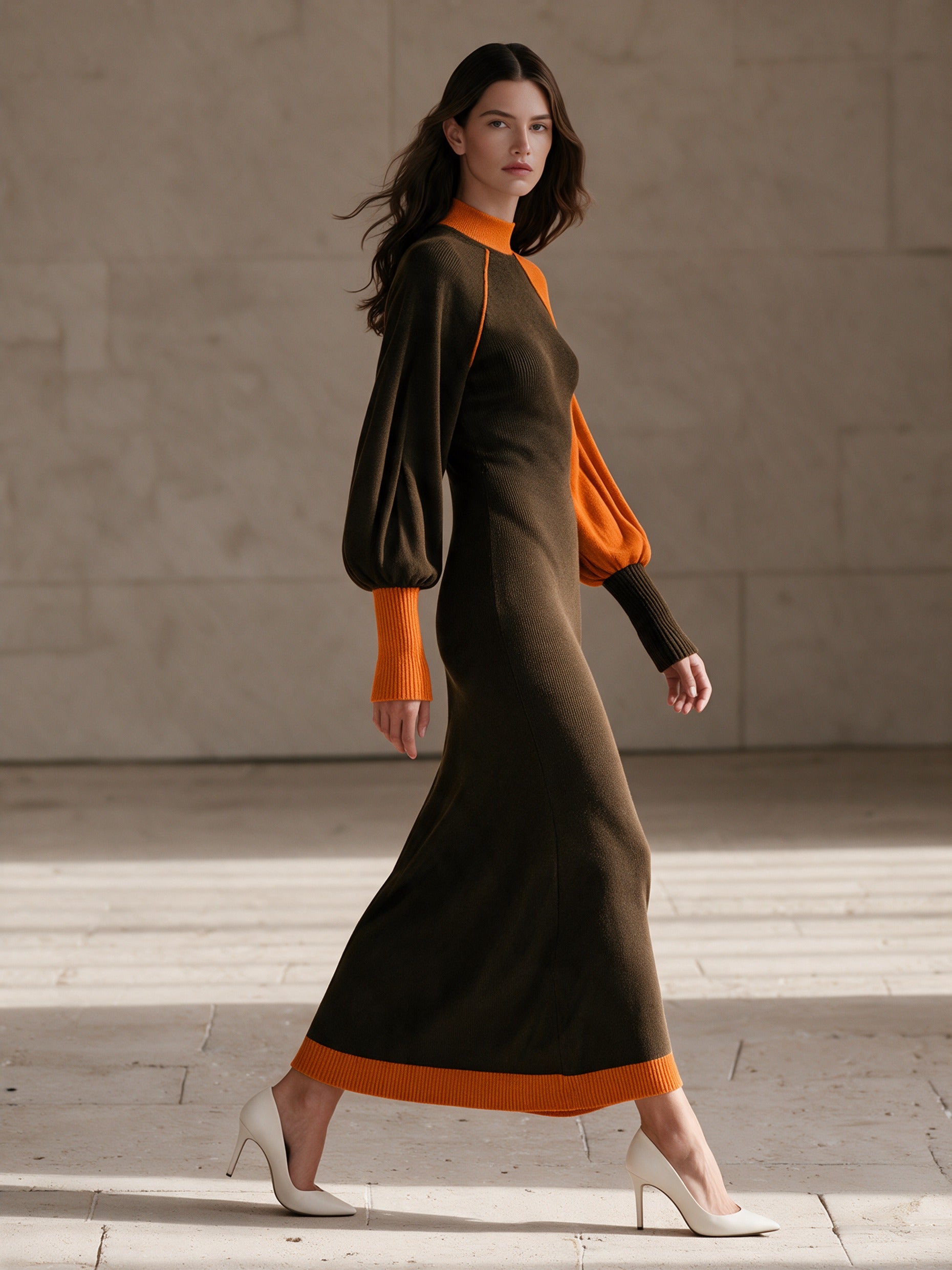 Women's Color Block Turtleneck Maxi Dress