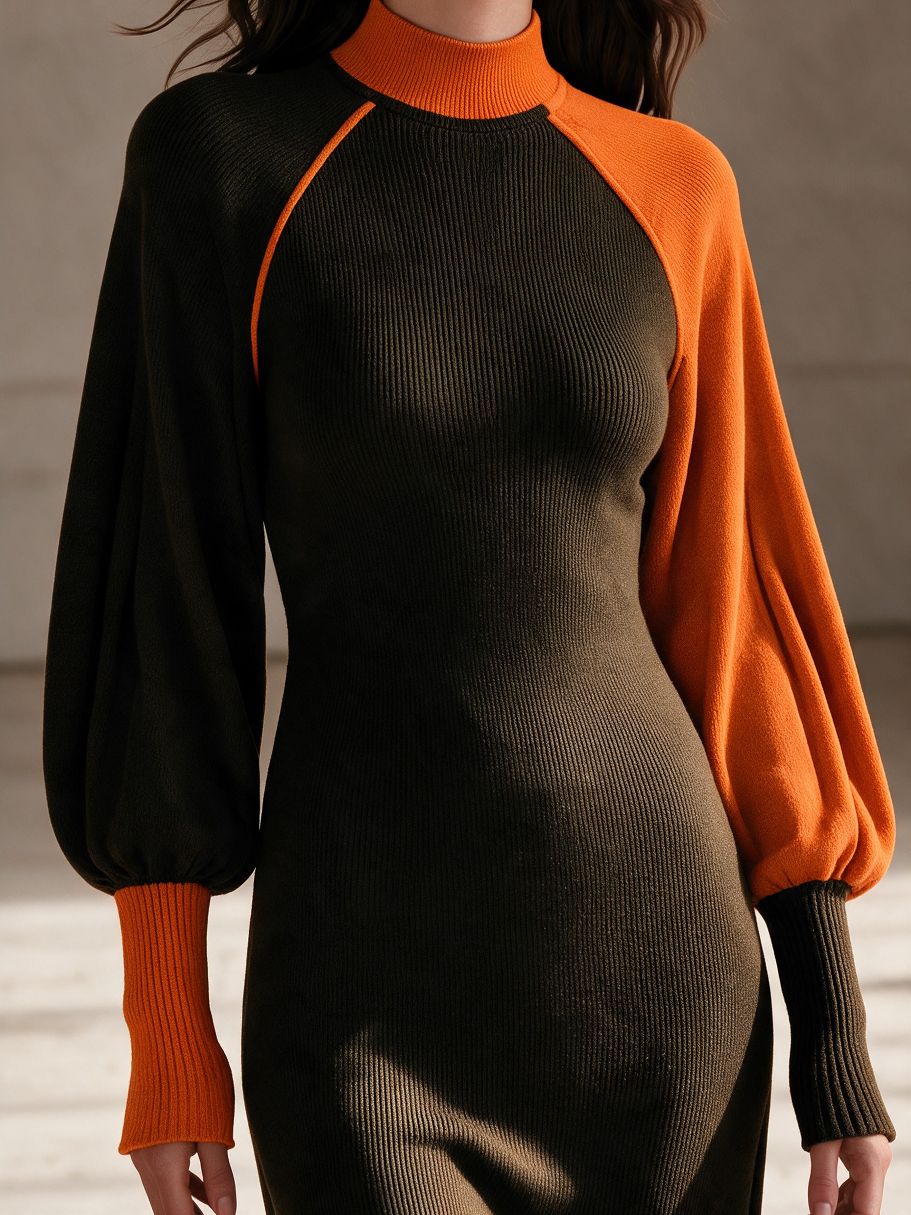 Women's Color Block Turtleneck Maxi Dress