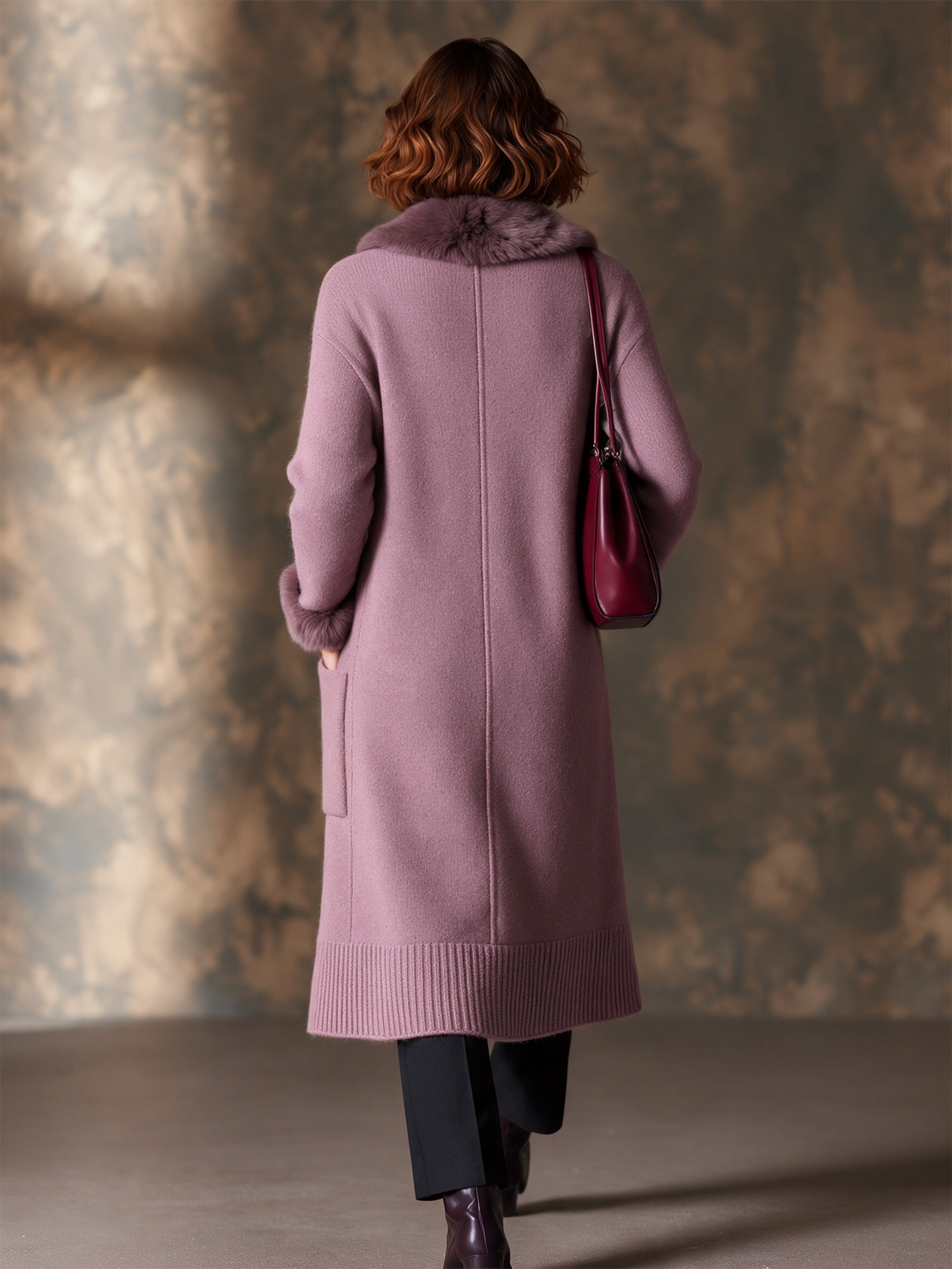 Mauve Longline Knit Cardigan Coat with Faux Fur Trim