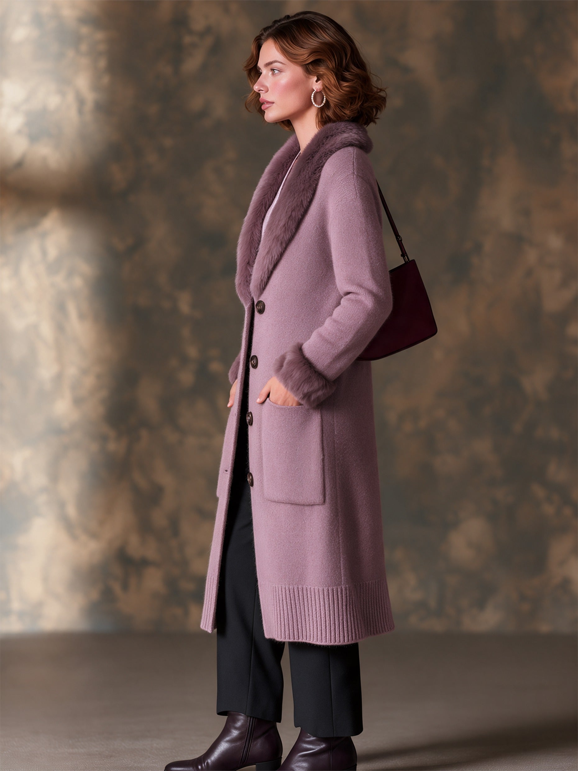 Mauve Longline Knit Cardigan Coat with Faux Fur Trim