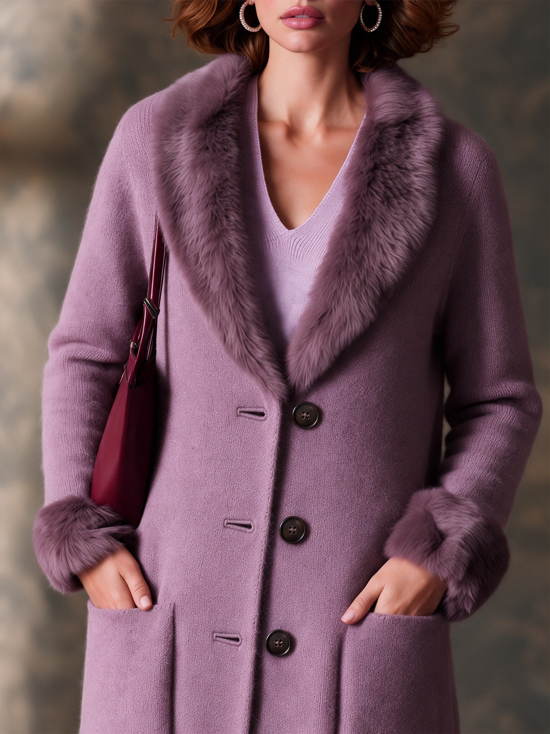 Mauve Longline Knit Cardigan Coat with Faux Fur Trim
