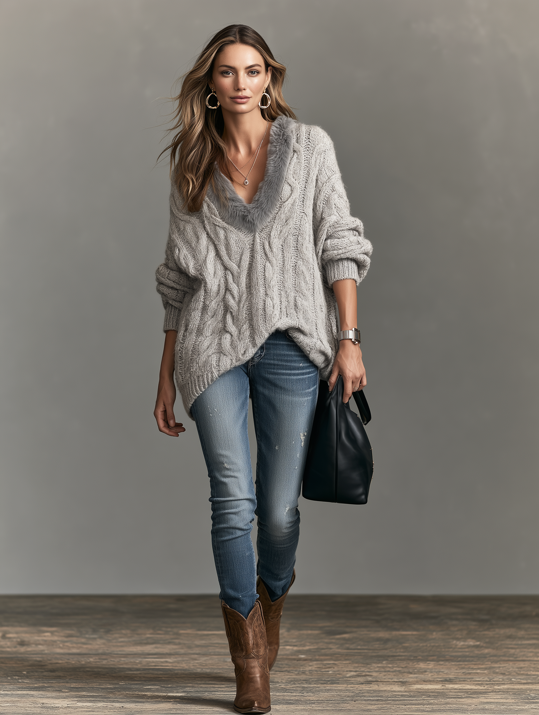 Women’s Elegant Grey V-neck Knit Sweater With Plush Trim At The Neckline