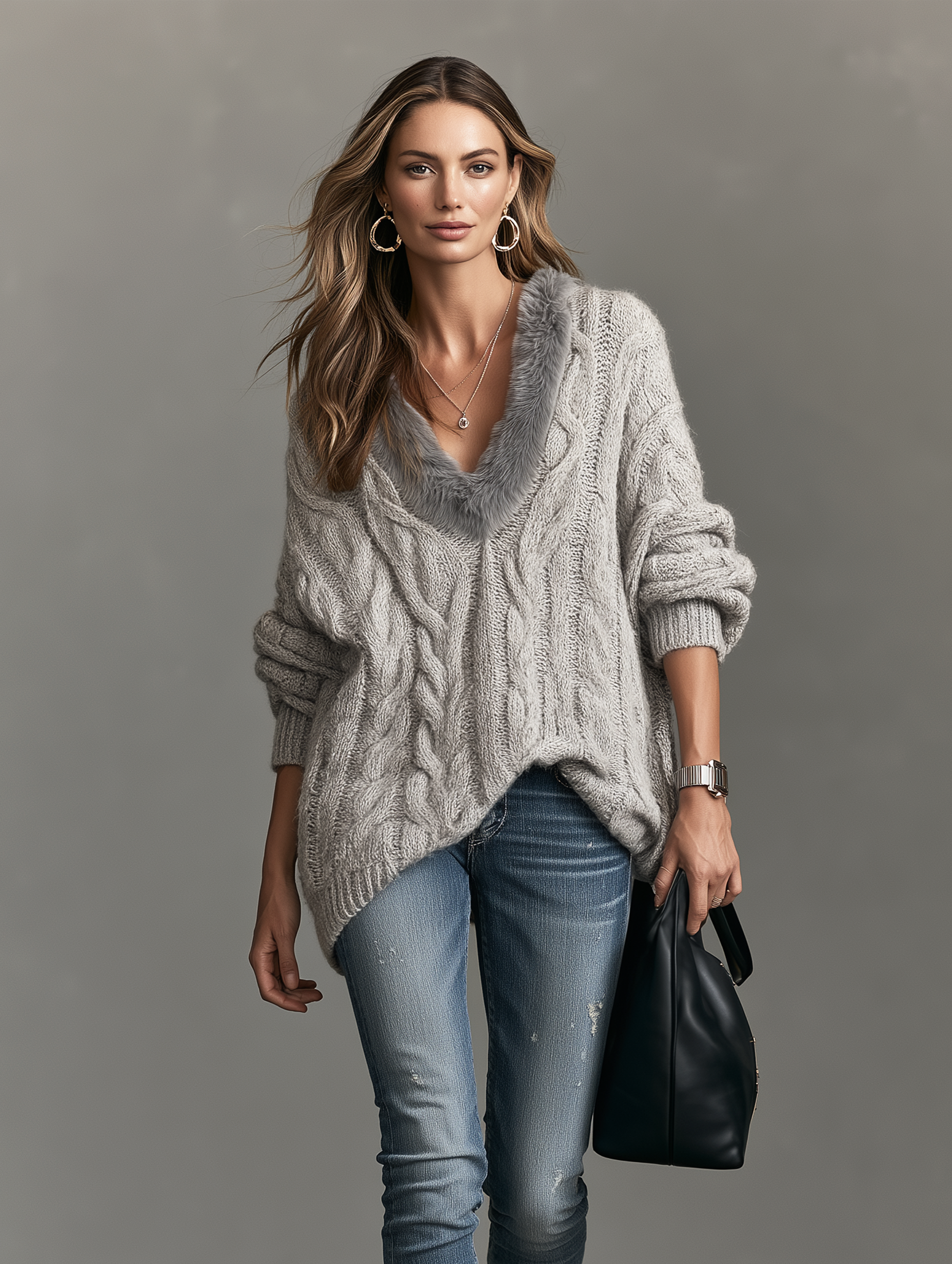 Women’s Elegant Grey V-neck Knit Sweater With Plush Trim At The Neckline