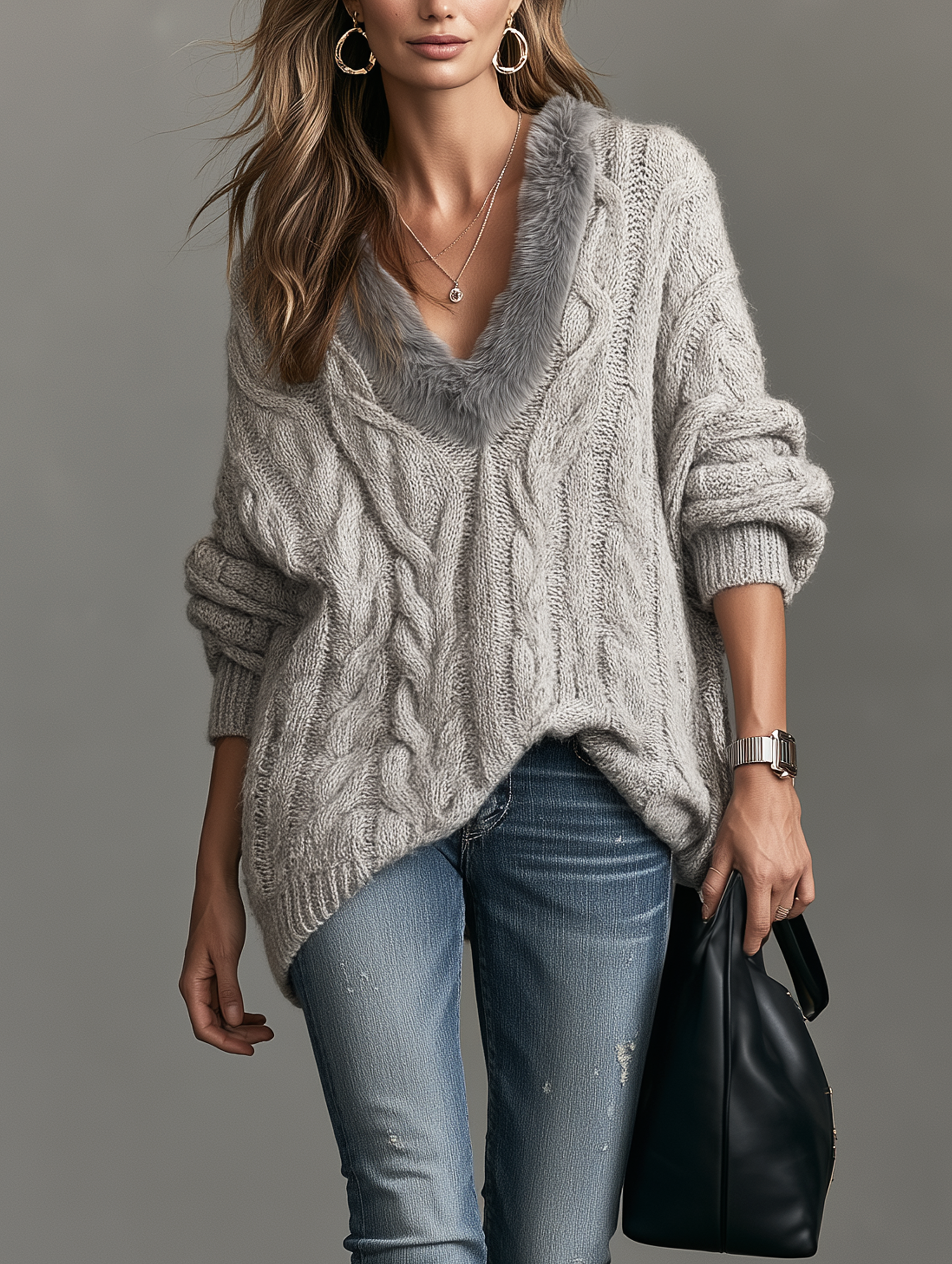 Women’s Elegant Grey V-neck Knit Sweater With Plush Trim At The Neckline