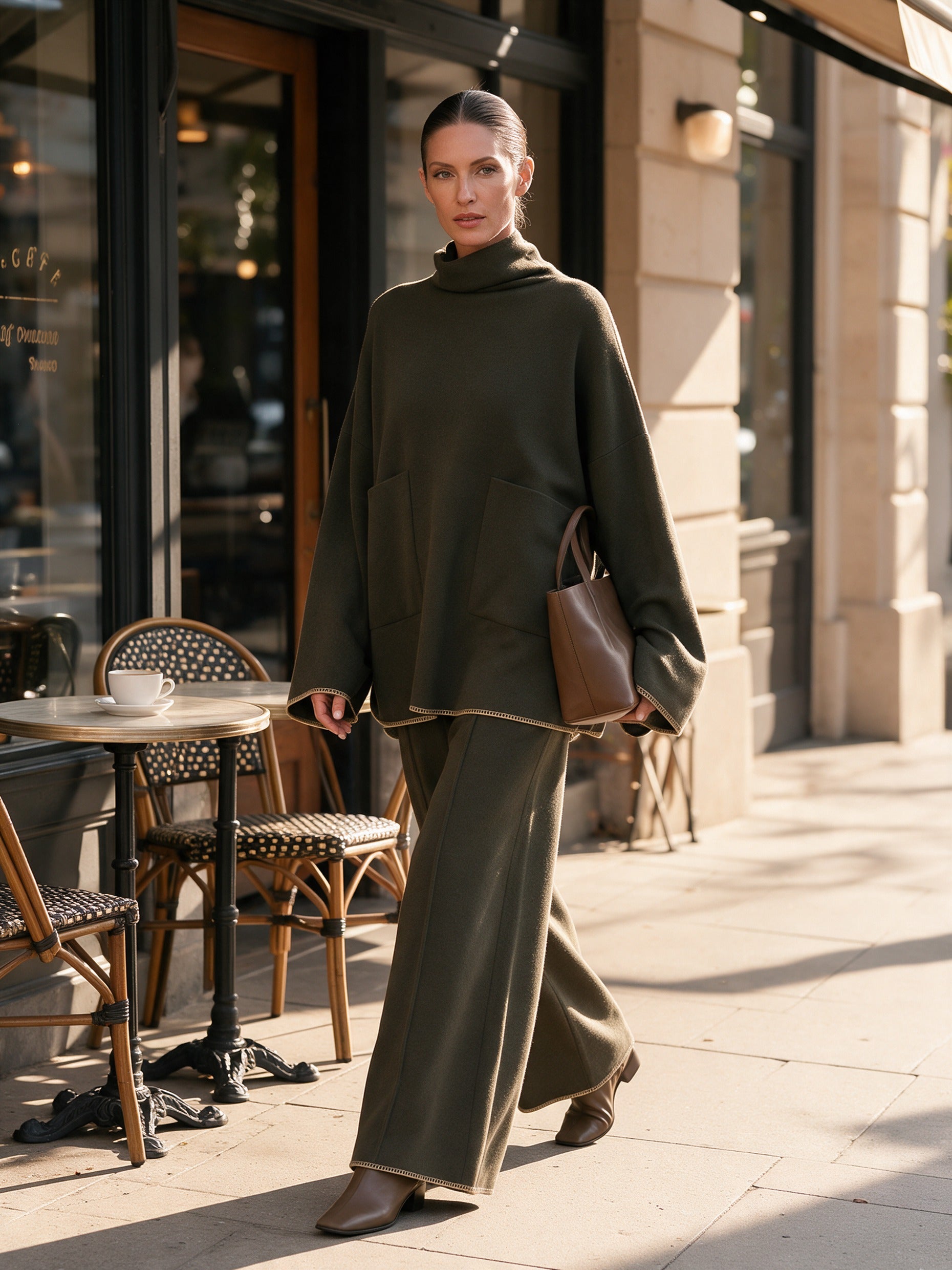 Women's Contrast Stitch Hem Top And Wide-leg Trouser Set