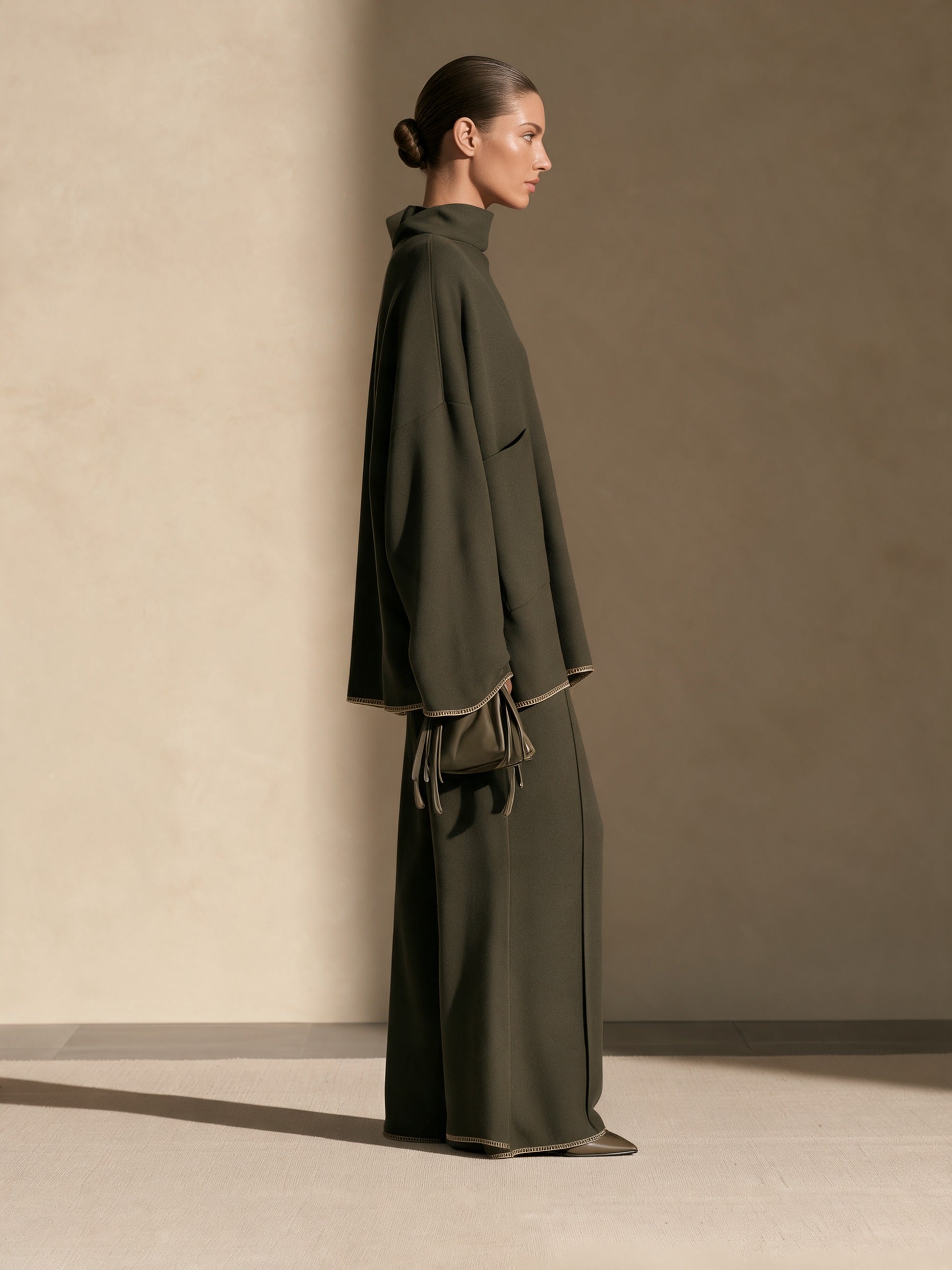 Women's Contrast Stitch Hem Top And Wide-leg Trouser Set