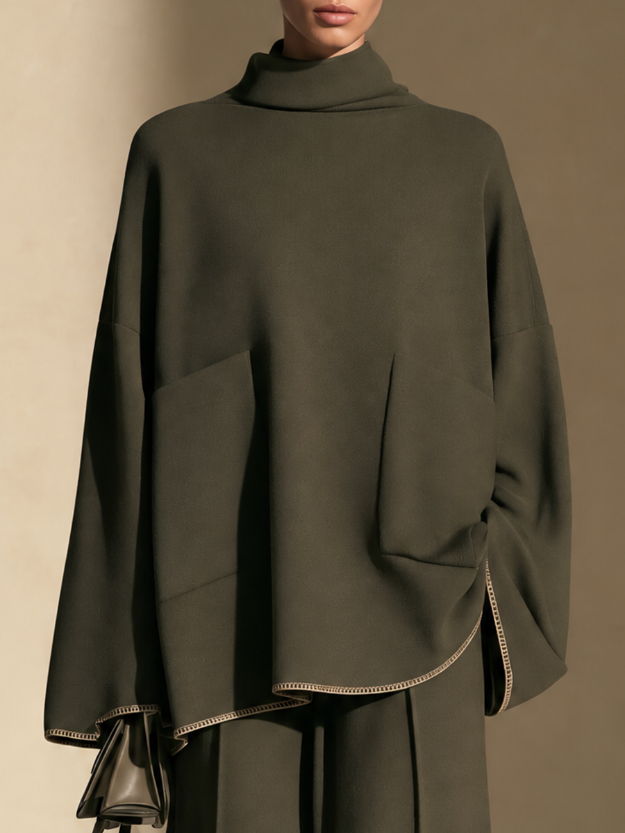 Women's Contrast Stitch Hem Top And Wide-leg Trouser Set