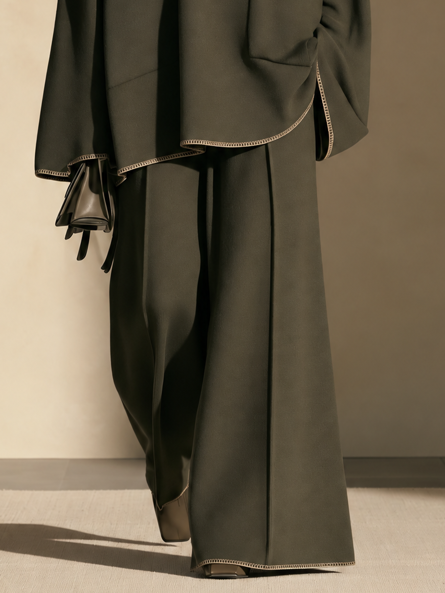 Women's Contrast Stitch Hem Top And Wide-leg Trouser Set