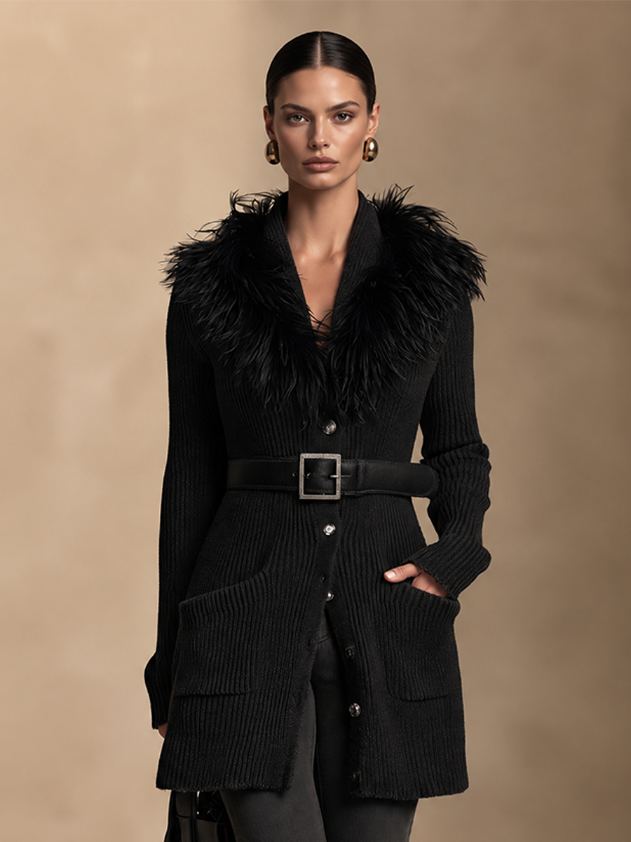 Women's Ribbed Knit Button-Up Cardigan with Fluffy Collar