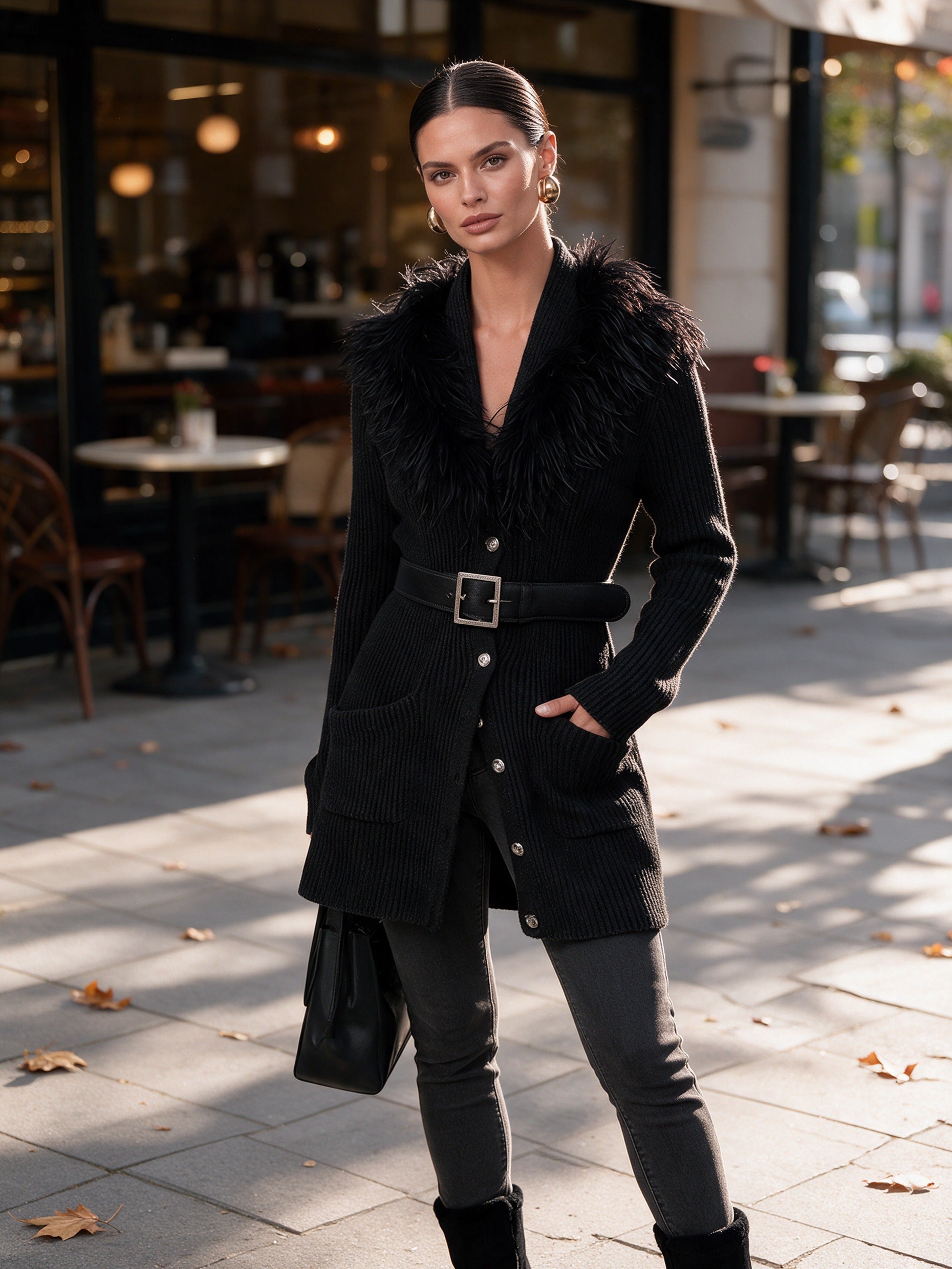 Women's Ribbed Knit Button-Up Cardigan with Fluffy Collar